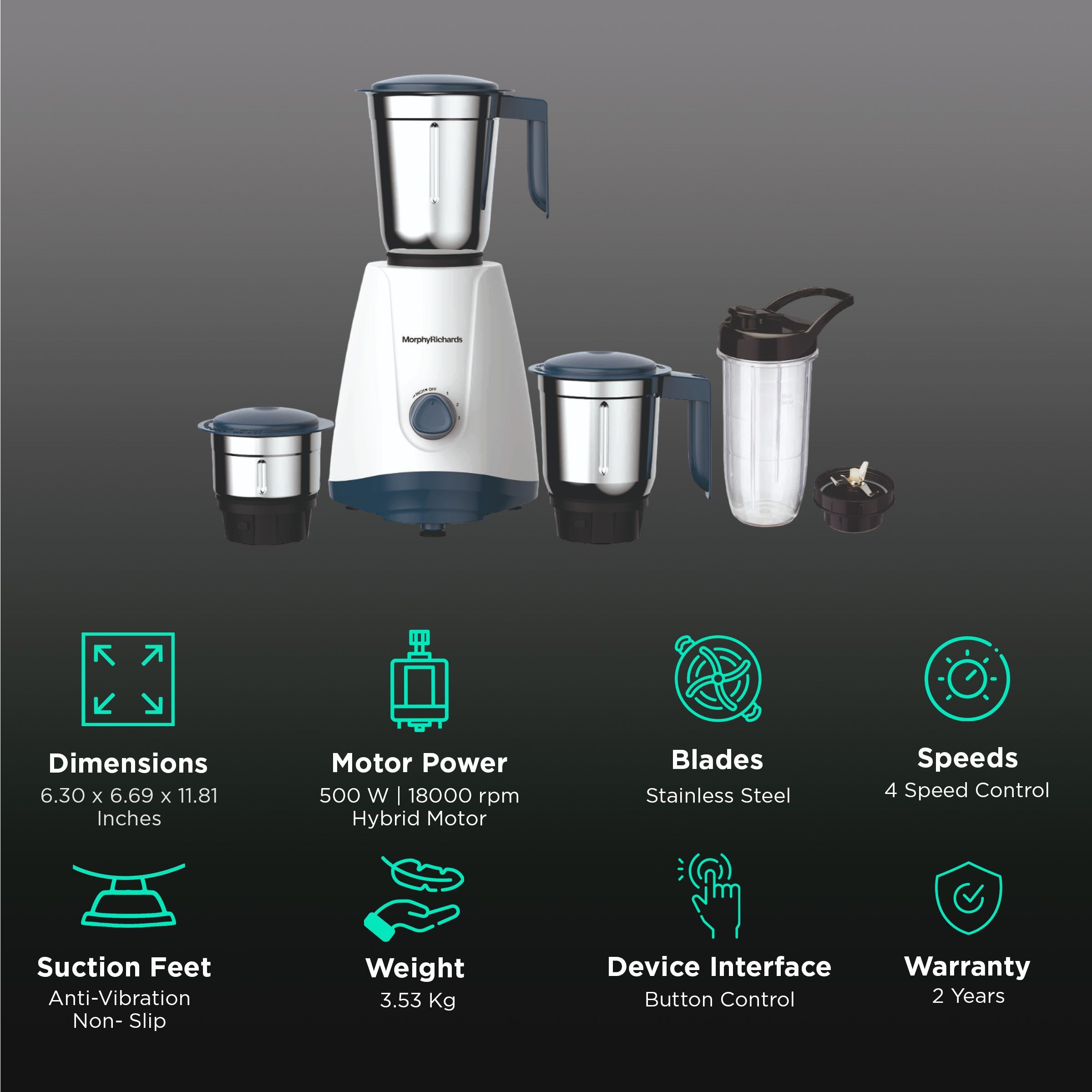 Morphy Richards Tresta Plus 500 Watt 4 Jars Mixer Grinder (18000 RPM, Hybrid Motor, White & Blue)_3