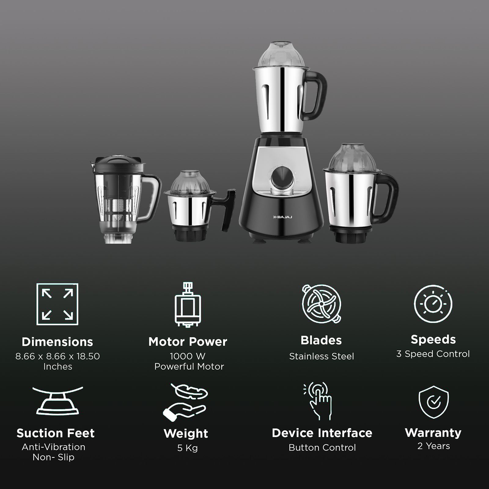 BAJAJ Military Series Evoque 1000 Watt 4 Jars Juicer Mixer Grinder (Efficient Grinding, Jet Black)_3