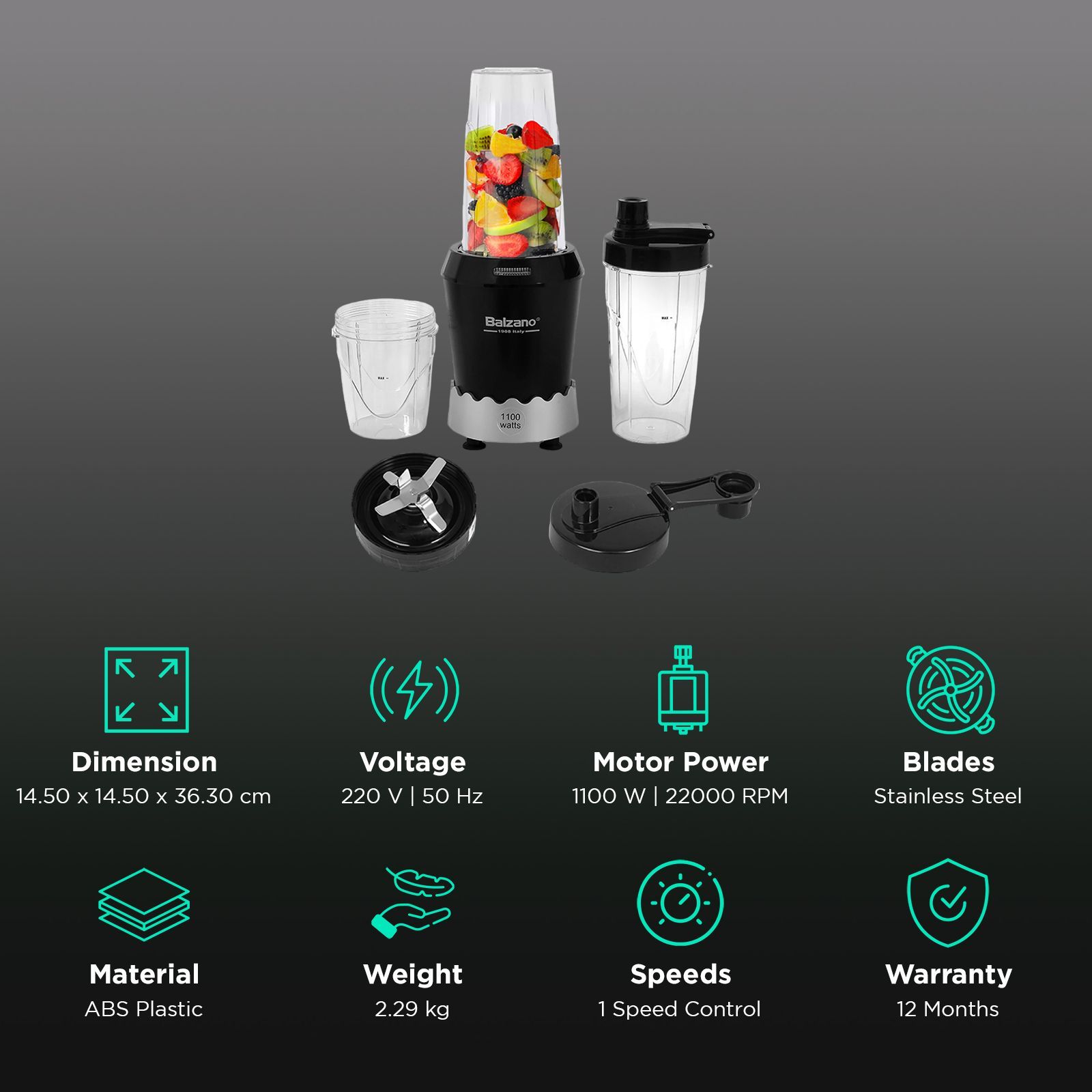 Balzano Nutri 1100 Watt 2 Jars Mixer Grinder Blender (22000 RPM, Wave Technology, Black)_3