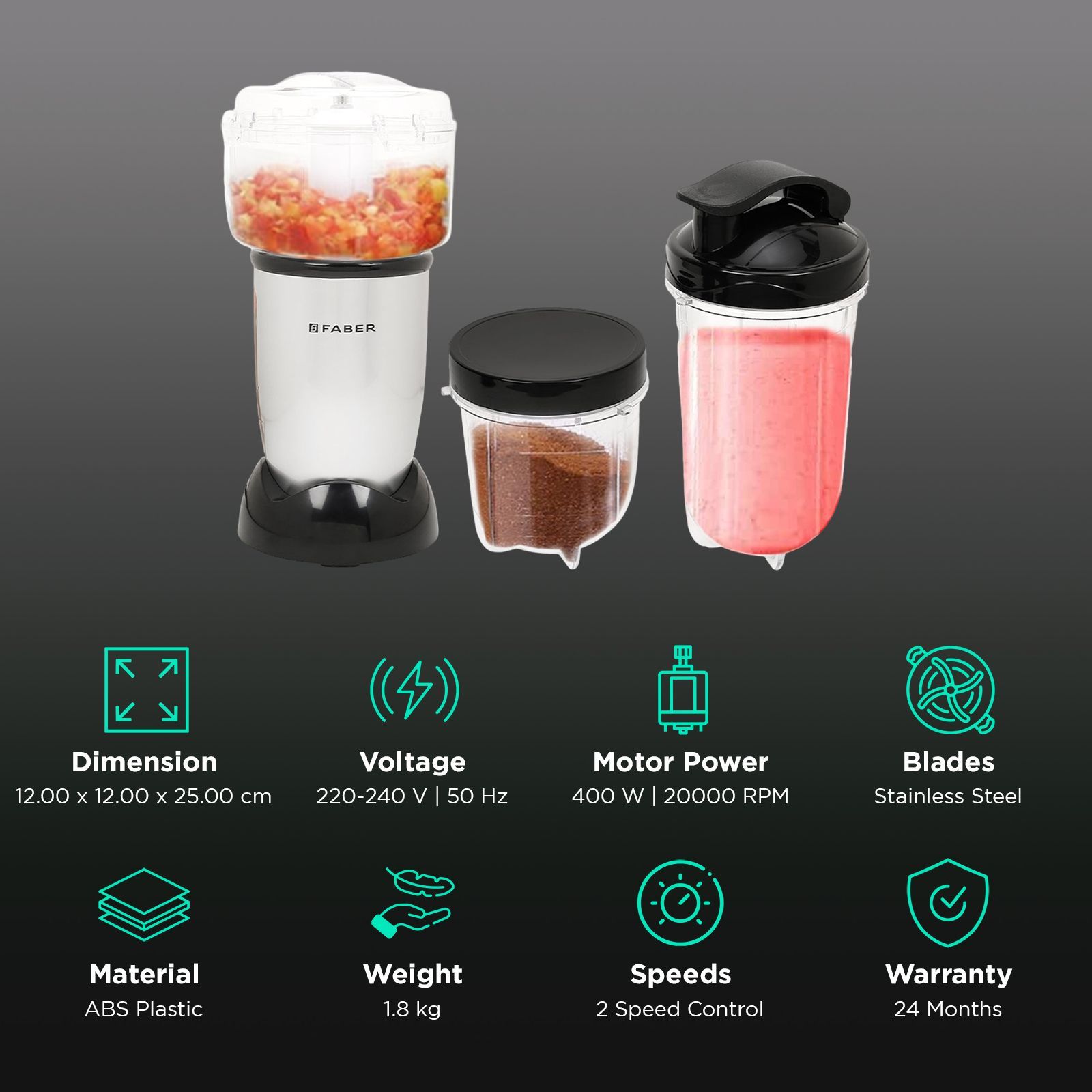 FABER Sportz 400 Watt 3 Jars Mixer Grinder Blender (20000 RPM, Precise Overheat Protector, Silver)_3