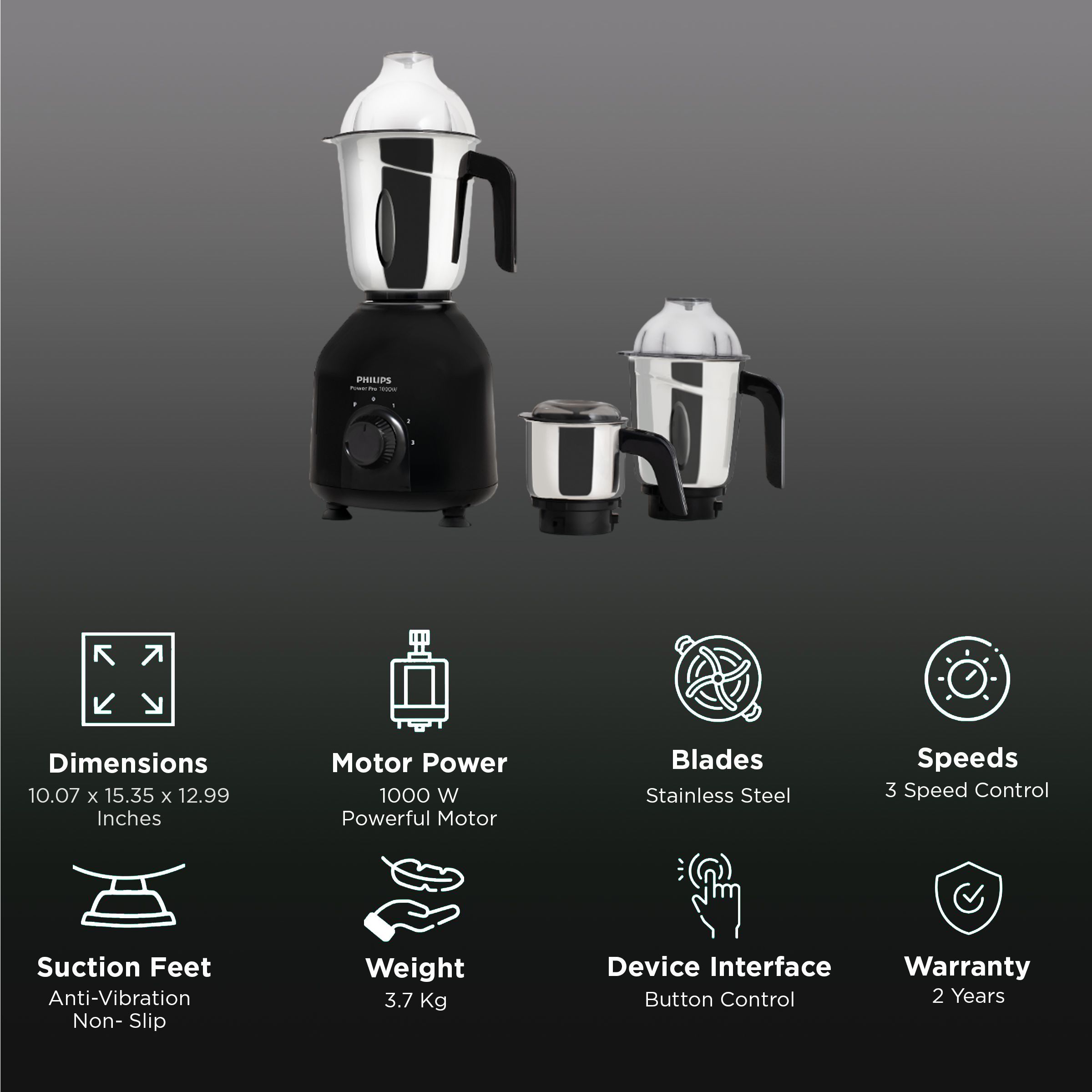 PHILIPS 1000 Watt 3 Jars Mixer Grinder (QuickCool Ventilation Technology, Black)_3