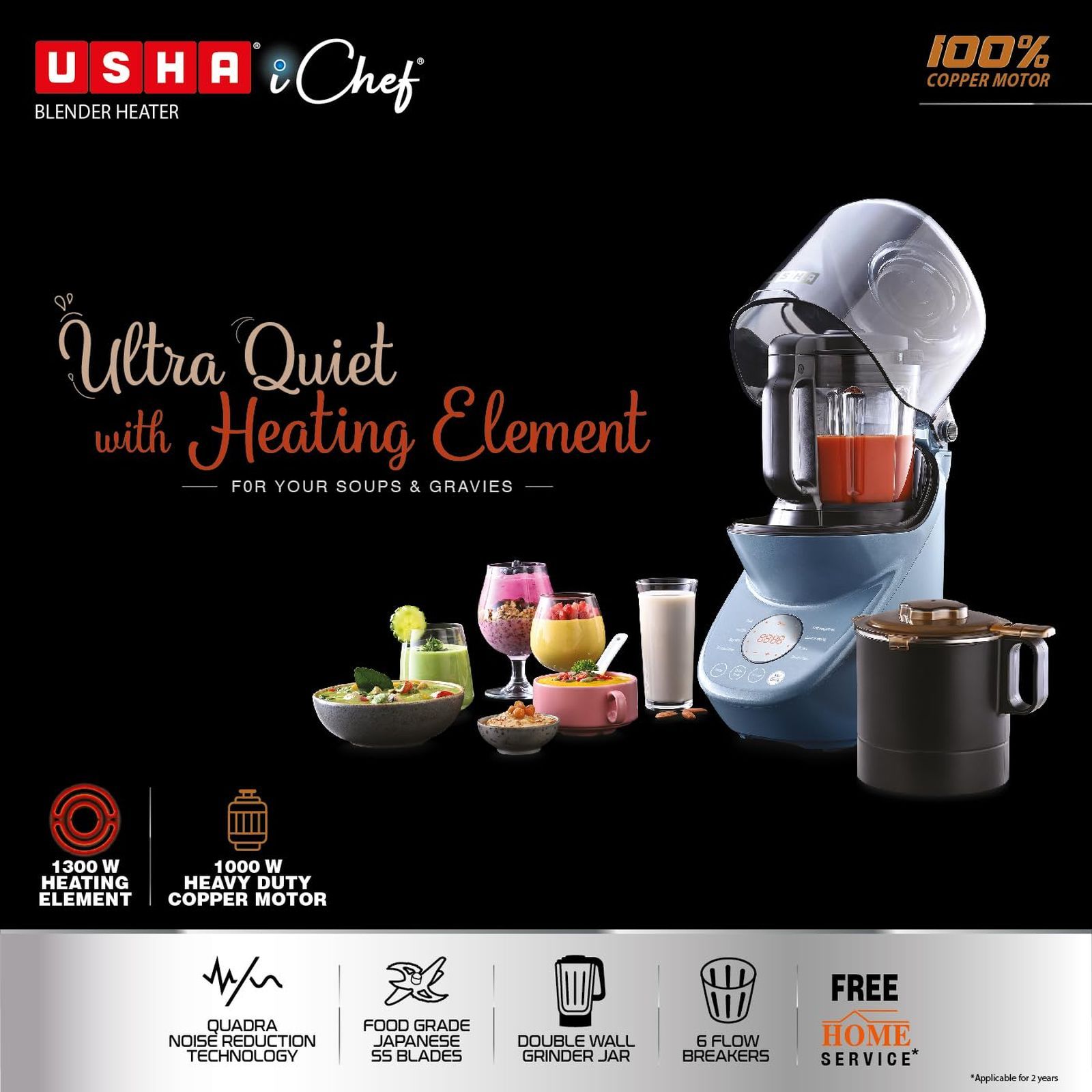 USHA iChef 1000 Watt 2 Jars Blender Heater ( Quadra Noise Reduction Technology, Blue)_8