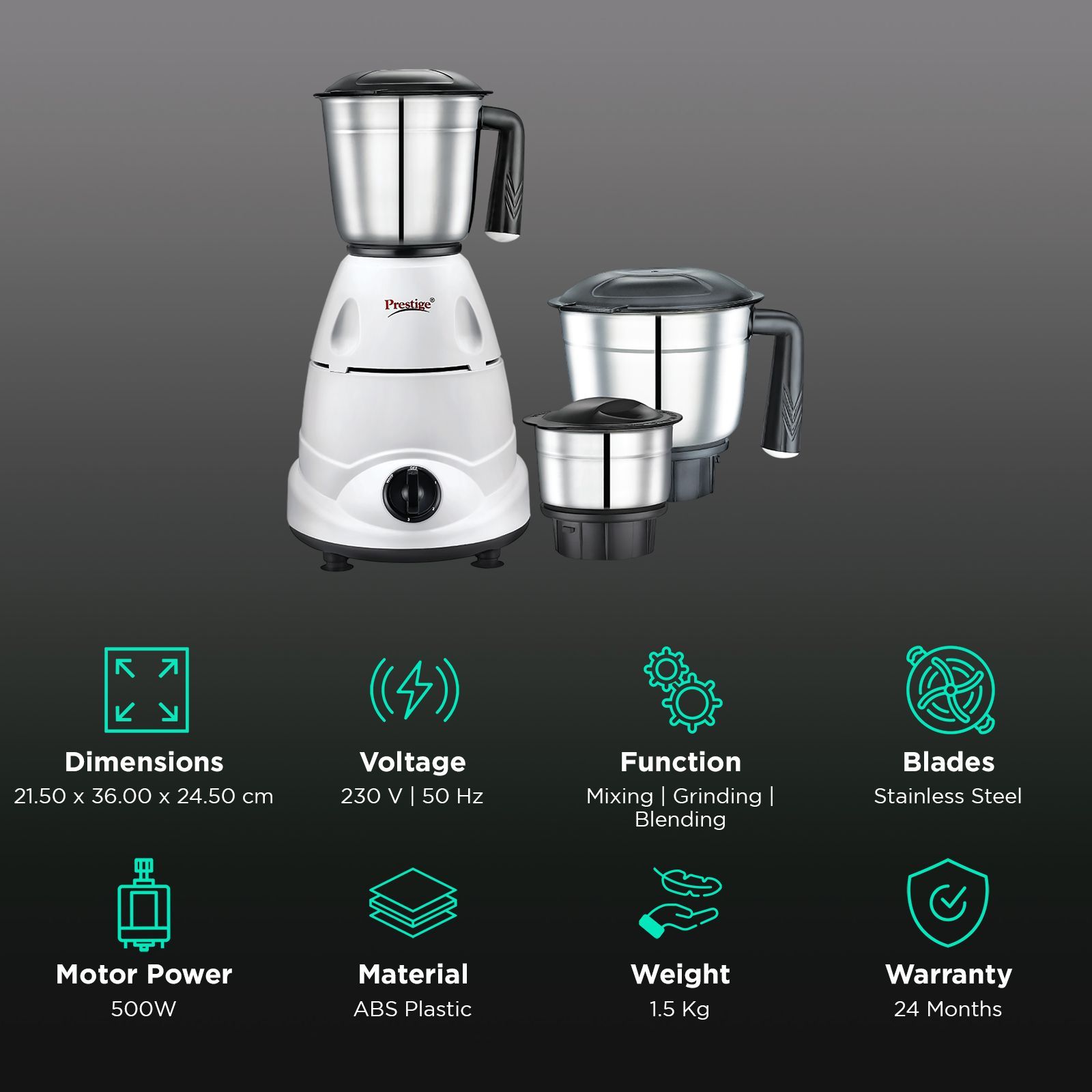 Prestige Primo 500 Watt 3 Jars Mixer Grinder (Ergonomic Design, White and Black)_2