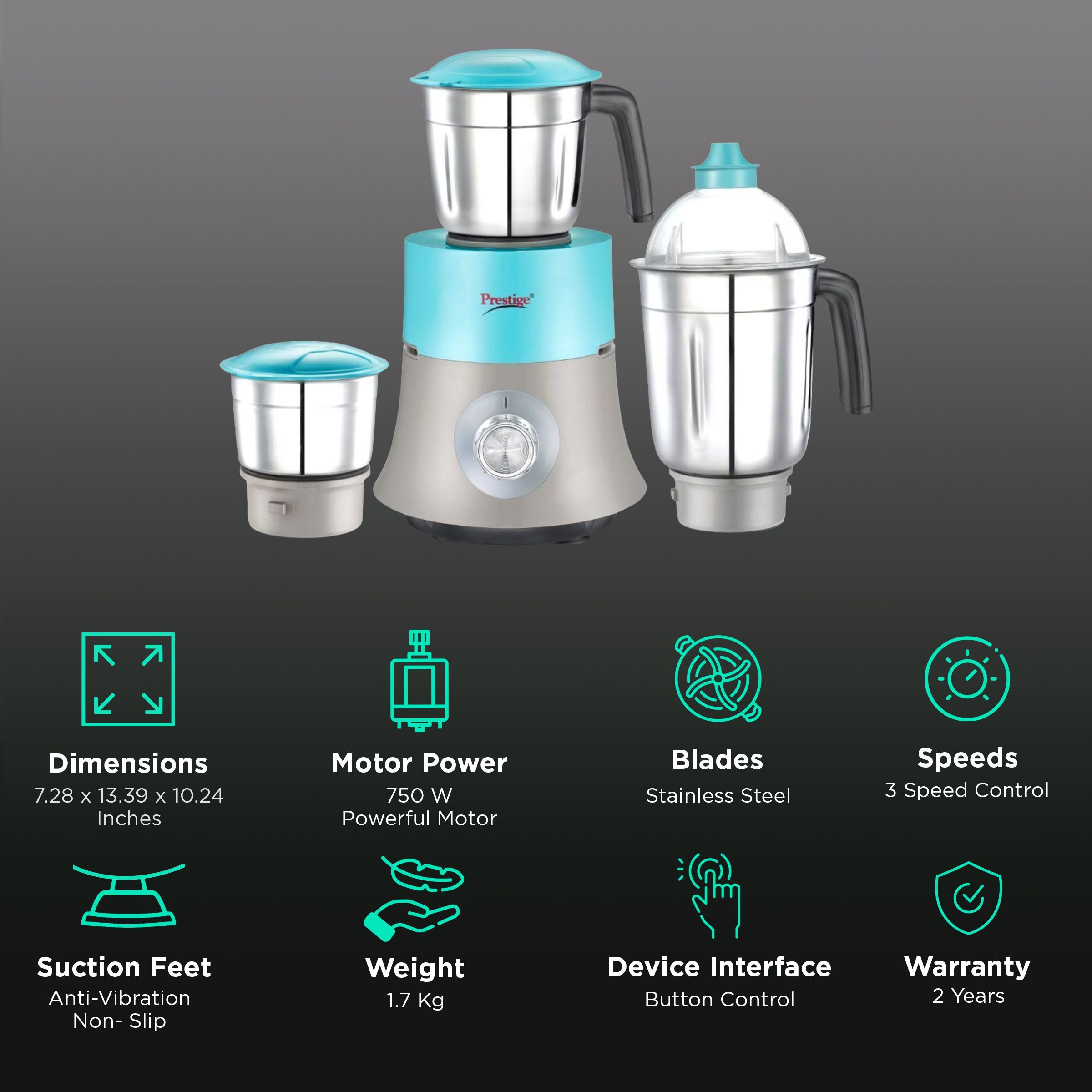 Prestige Monza 750 Watt 3 Jars Mixer Grinder (Overload Protection, Blue & Grey)_3