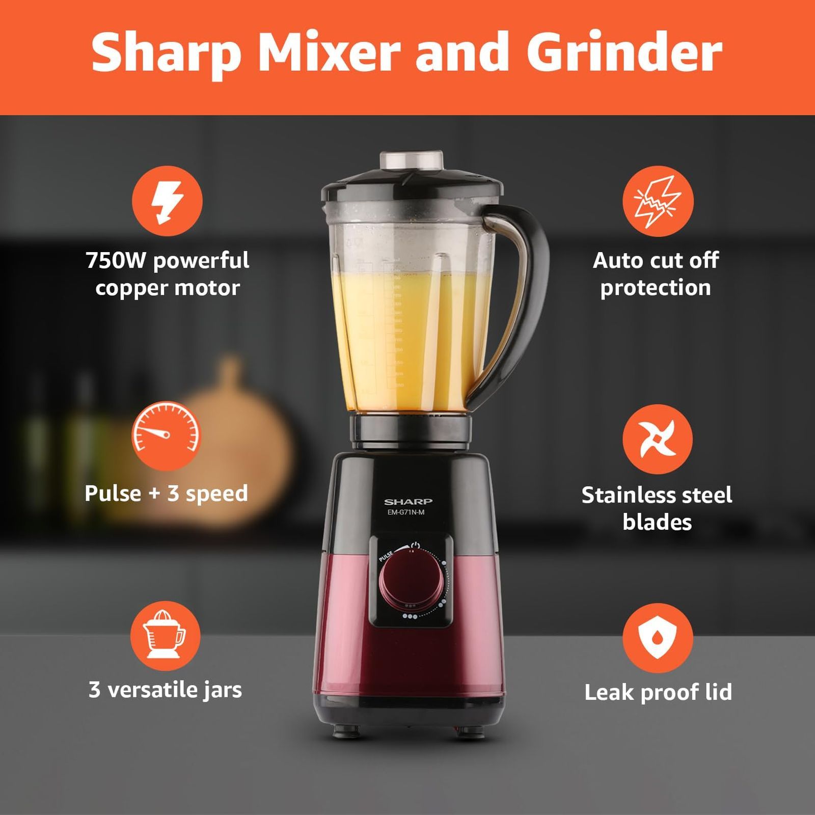SHARP 750 Watt 3 Jars Juicer Mixer Grinder (20000 RPM, Auto Cut Off, Maroon Metallic)_5