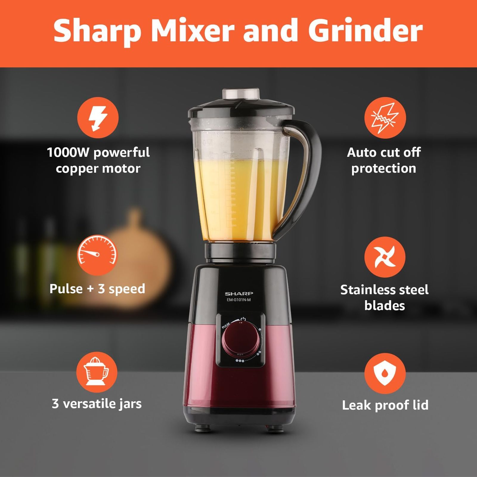 SHARP 1000 Watt 3 Jars Juicer Mixer Grinder (21000 RPM, Auto Cut Off, Maroon Metallic)_4