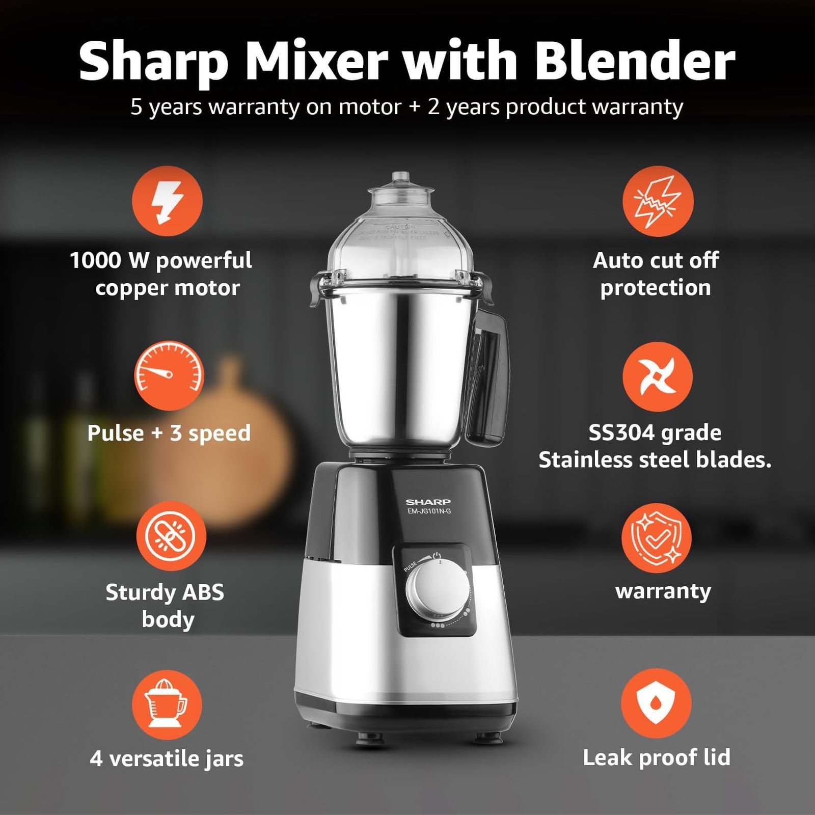 SHARP 1000 Watt 4 Jars Juicer Mixer Grinder (21000 RPM, Auto Cut-off, Silver Metallic)_6