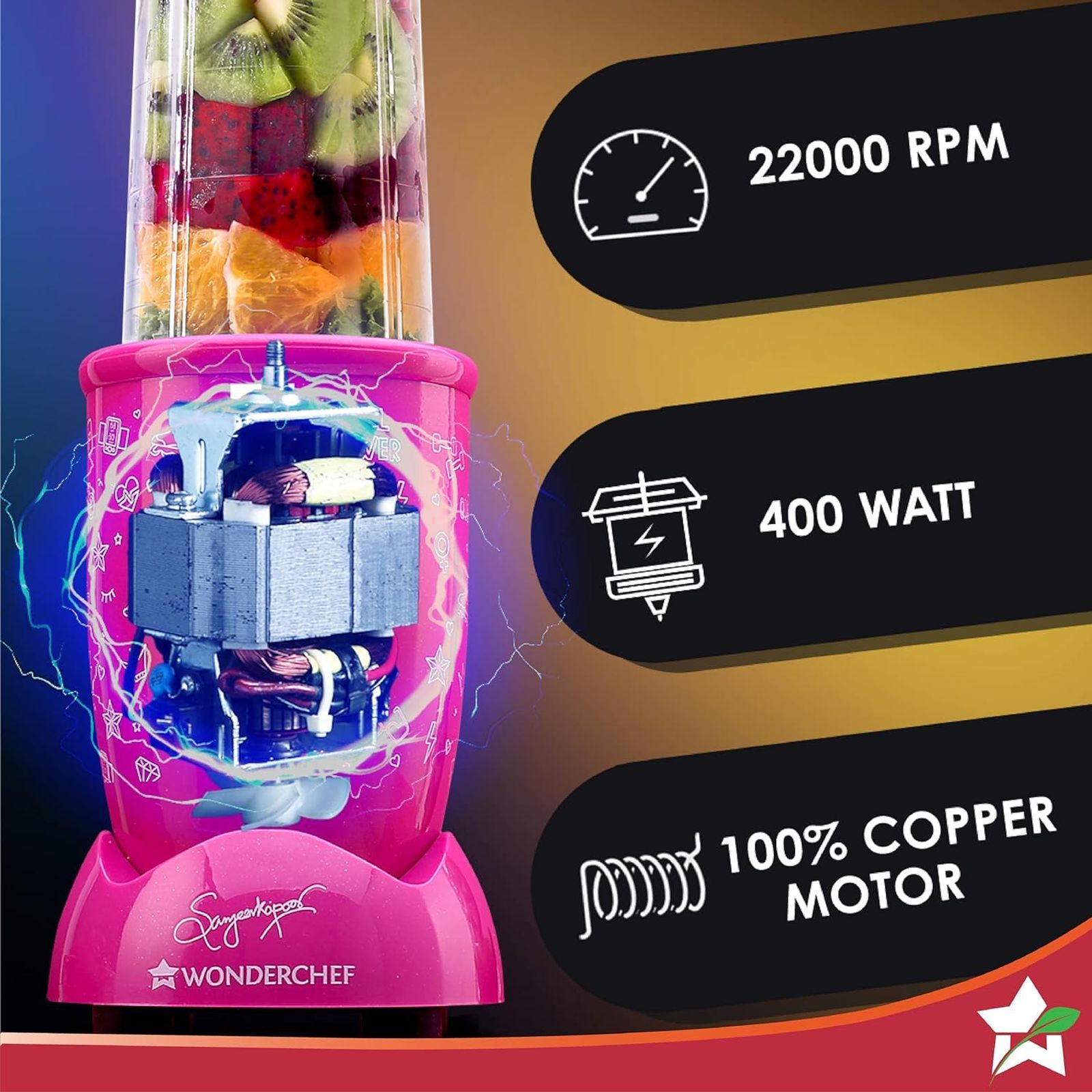 WONDERCHEF Nutri-Blend Go 400 Watt 1 Jar Mixer Grinder Blender (22000 RPM, Crafted for Fitness Enthusiasts, Pink)_6