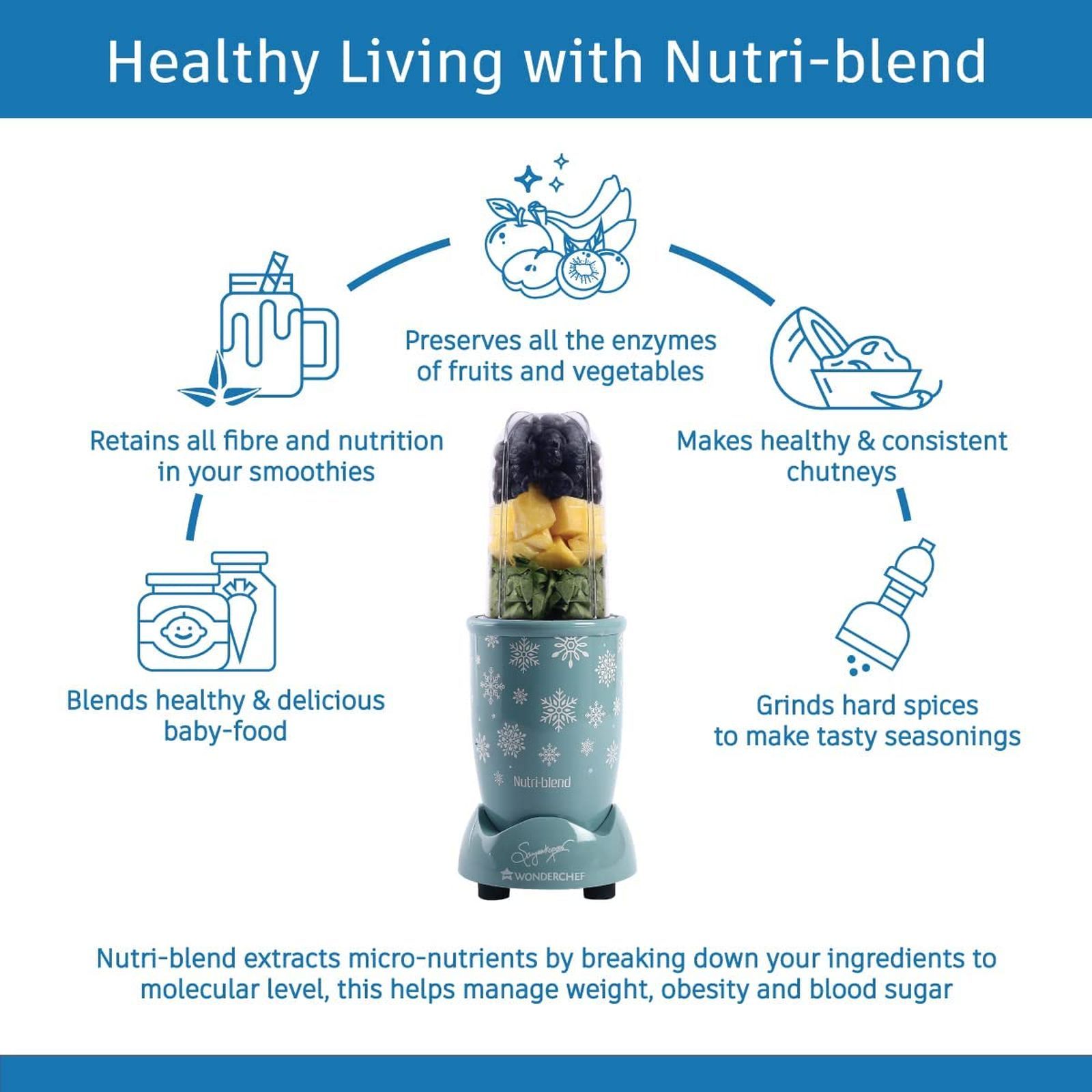 WONDERCHEF Nutri-blend Snowflakes 400 Watt 2 Jars Mixer Grinder Blender (22000 RPM, Full Copper Motor, Blue)_5