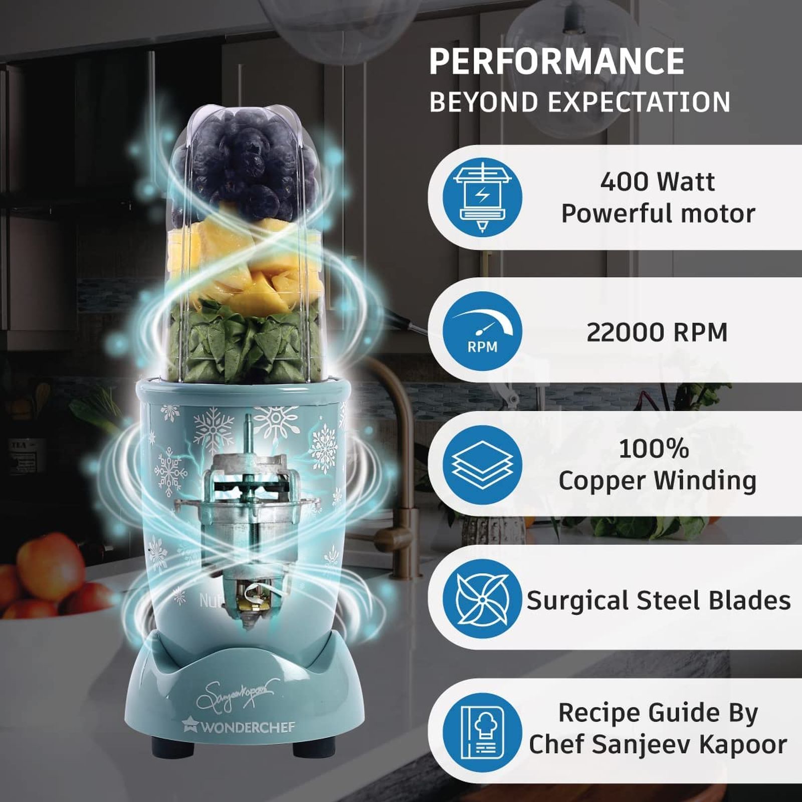 WONDERCHEF Nutri-blend Snowflakes 400 Watt 2 Jars Mixer Grinder Blender (22000 RPM, Full Copper Motor, Blue)_6