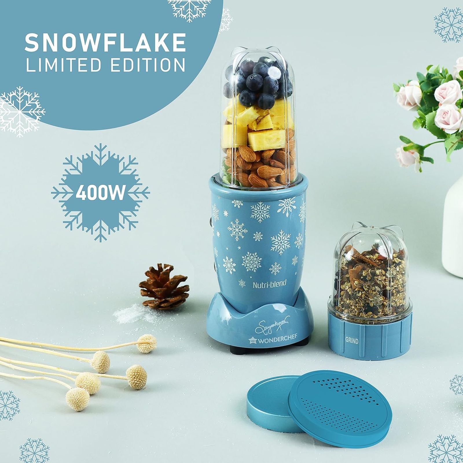 WONDERCHEF Nutri-blend Snowflakes 400 Watt 2 Jars Mixer Grinder Blender (22000 RPM, Full Copper Motor, Blue)_3