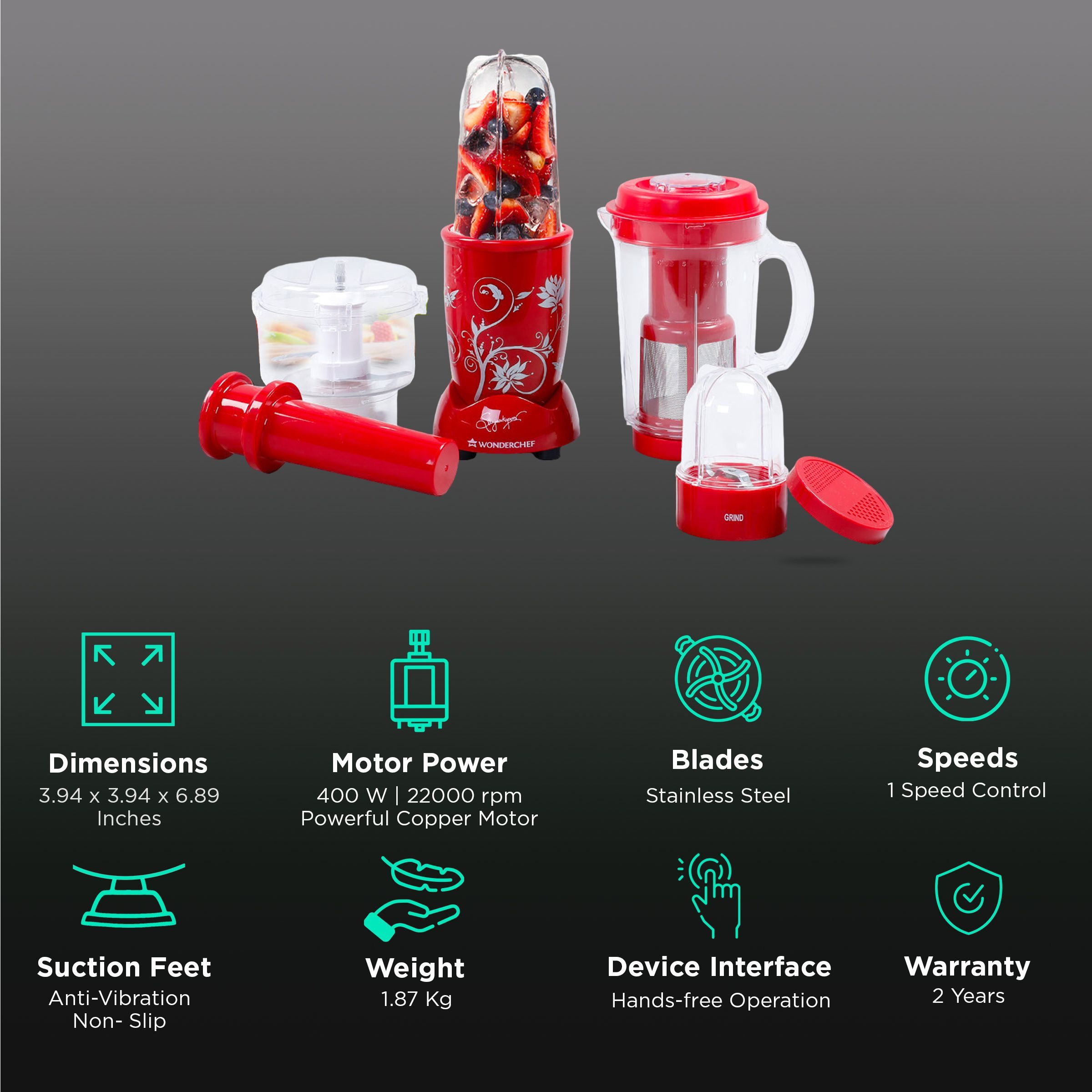 WONDERCHEF Nutri-Blend 400 Watt 4 Jars Mixer Grinder (22000 RPM, Full Copper Motor, Red)_2