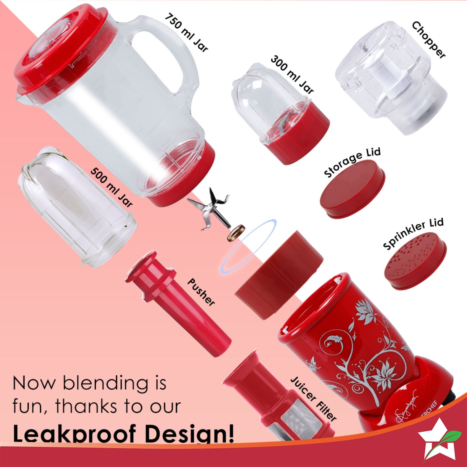 WONDERCHEF Nutri-Blend 400 Watt 4 Jars Mixer Grinder (22000 RPM, Full Copper Motor, Red)_3