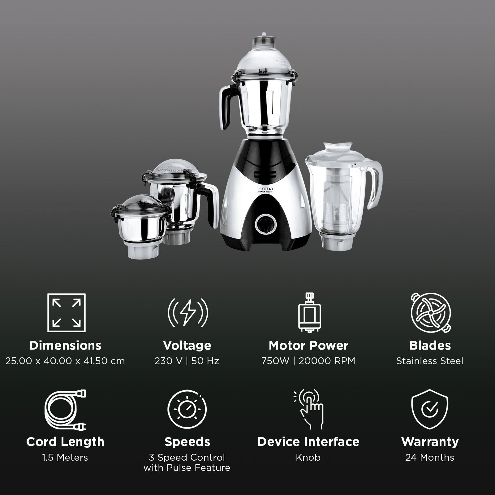 Croma 750 Watt 4 Jars Mixer Grinder (20000 RPM, Inbuilt Overload Protection, Black & Silver)_2