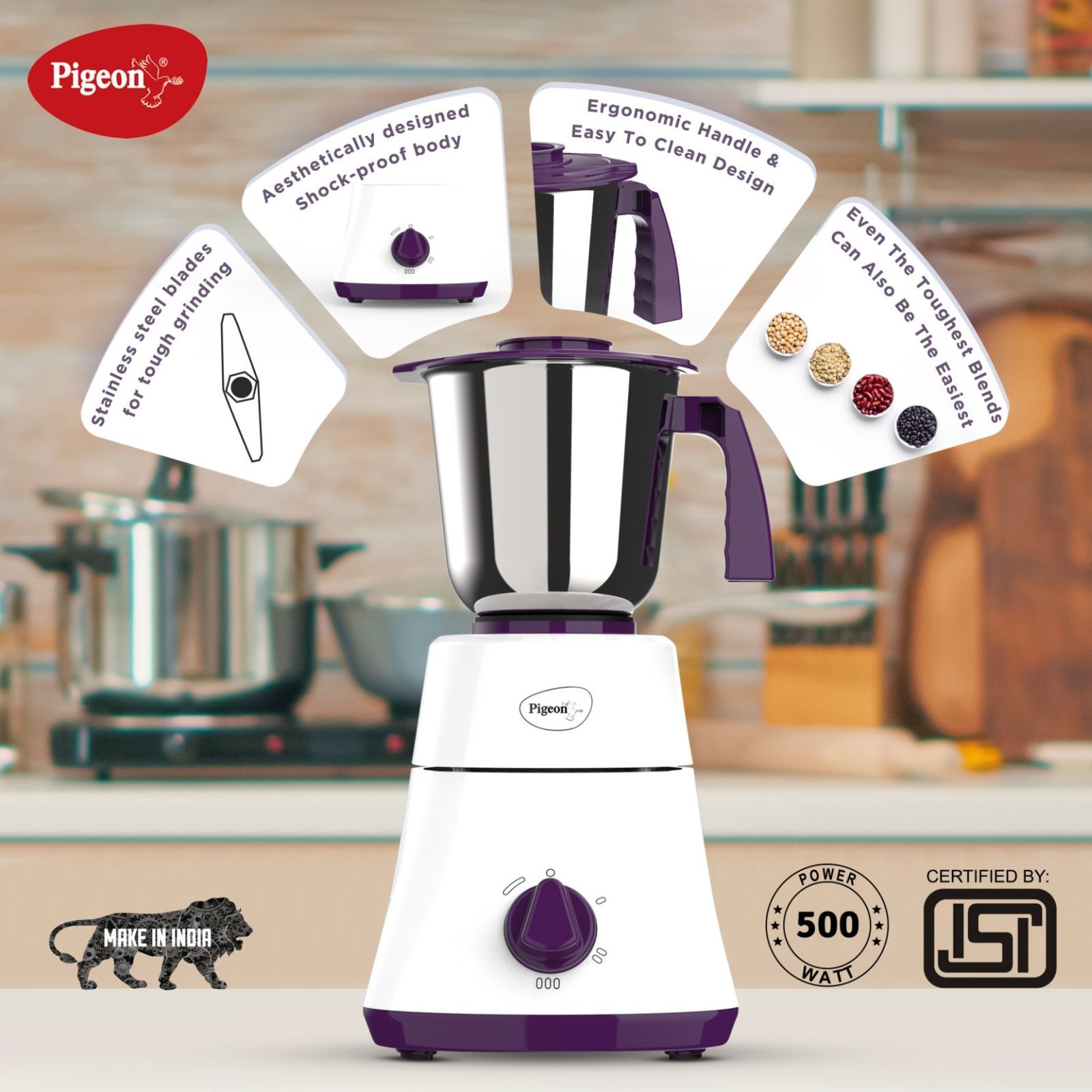 Pigeon 16086 Favourite 500 Watt 3 Jars Mixer Grinder (Shock Proof Body, White & Purple)_5