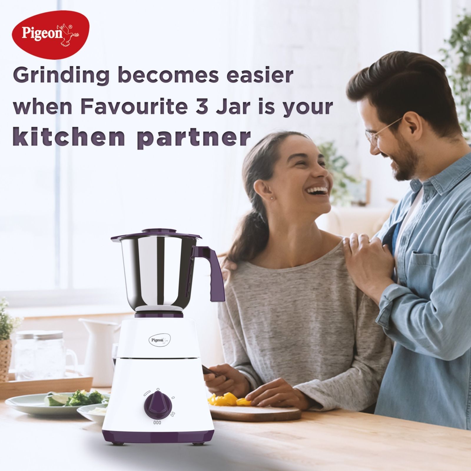 Pigeon 16086 Favourite 500 Watt 3 Jars Mixer Grinder (Shock Proof Body, White & Purple)_6