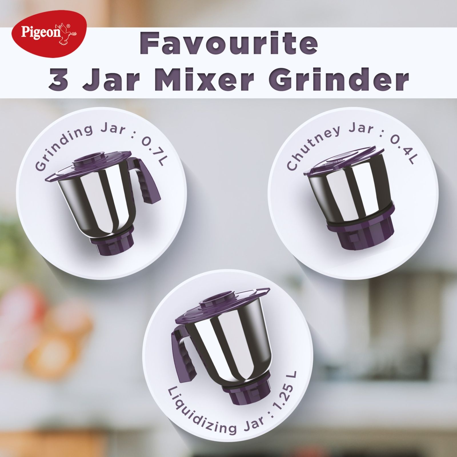 Pigeon 16086 Favourite 500 Watt 3 Jars Mixer Grinder (Shock Proof Body, White & Purple)_3