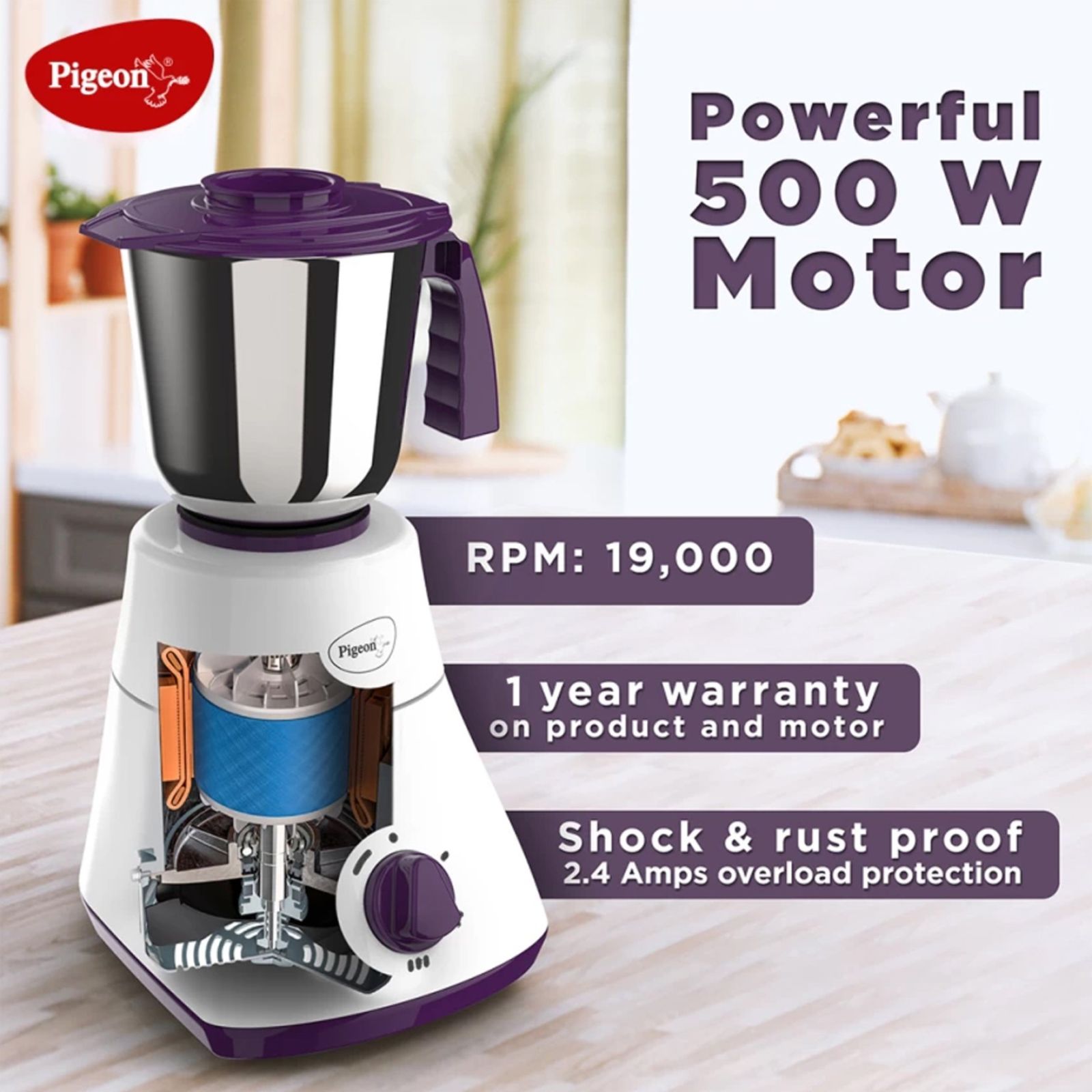 Pigeon 15024 Favourite 500 Watt 4 Jars Mixer Grinder (19000 RPM, Shock Proof Body, White & Purple_6