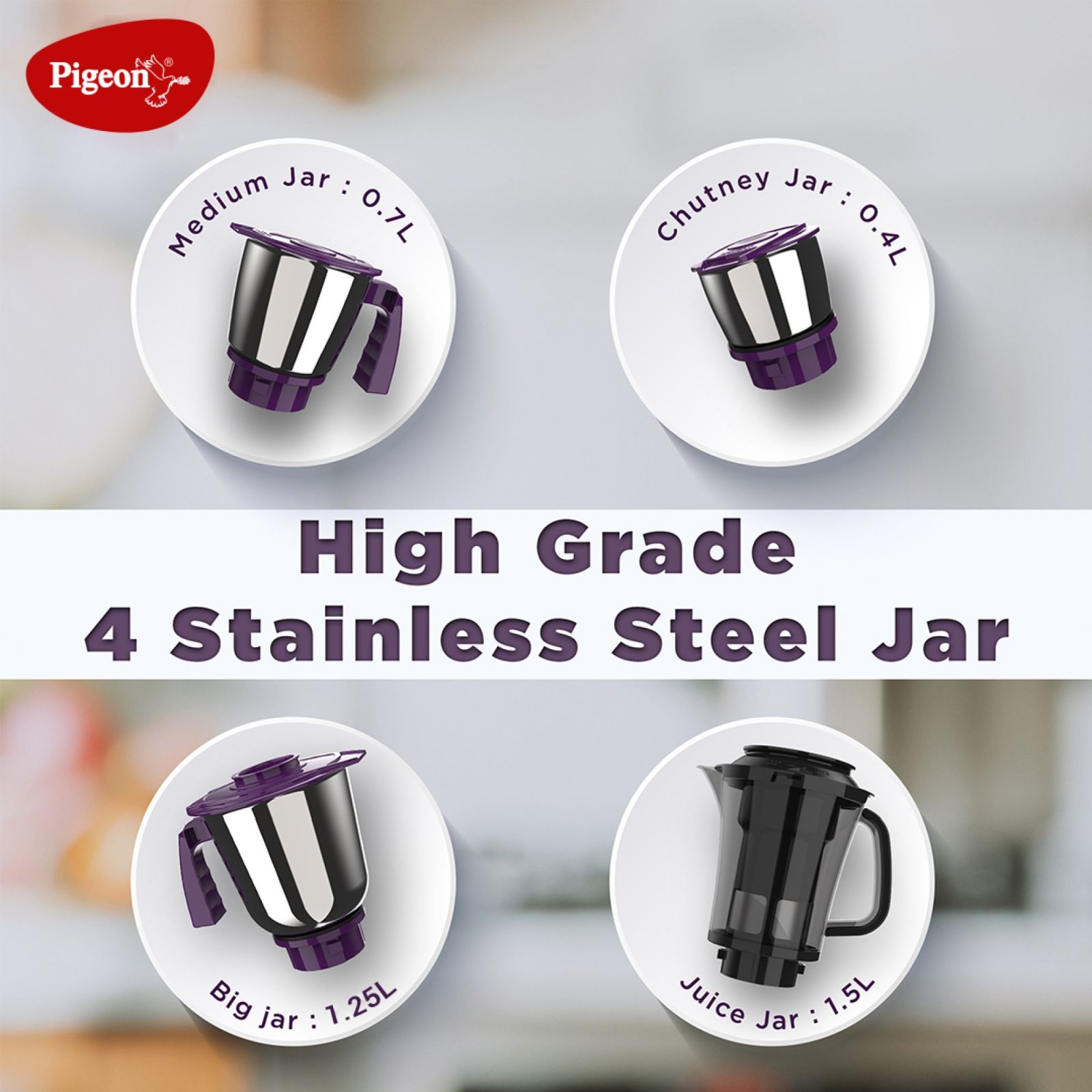 Pigeon 15024 Favourite 500 Watt 4 Jars Mixer Grinder (19000 RPM, Shock Proof Body, White & Purple_7