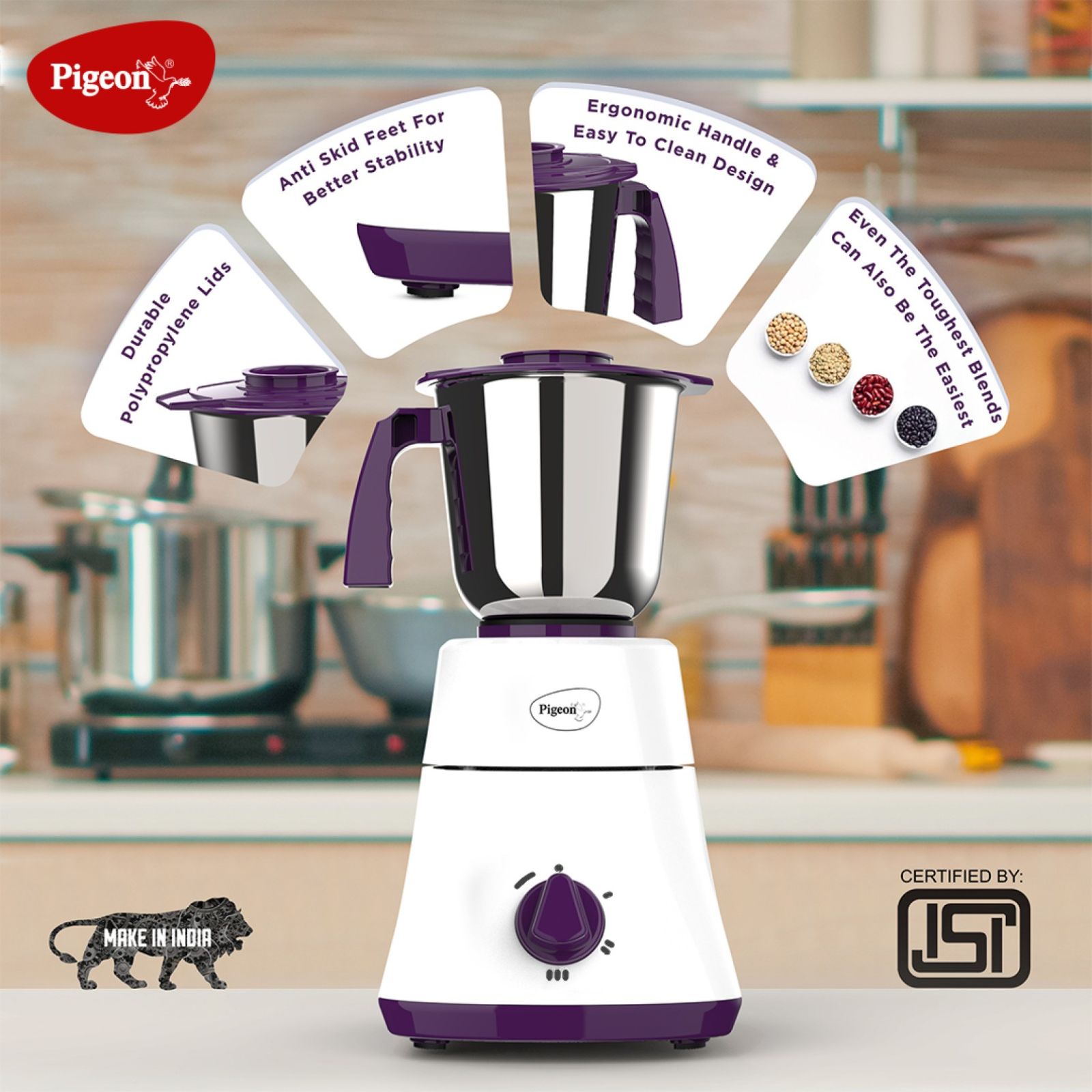 Pigeon 15024 Favourite 500 Watt 4 Jars Mixer Grinder (19000 RPM, Shock Proof Body, White & Purple_9
