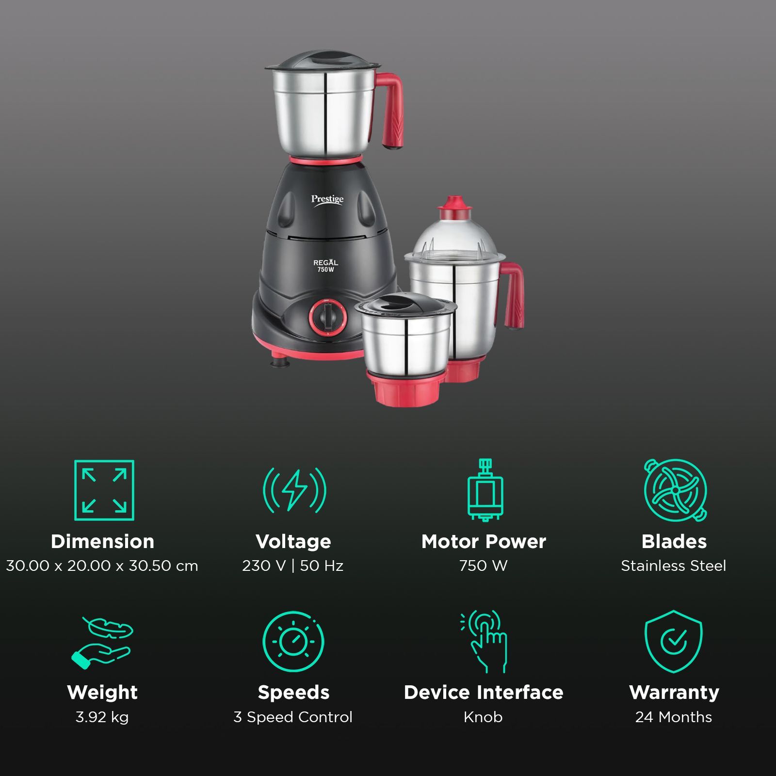 Prestige Regal 750 Watt 3 Jars Mixer Grinder (Sparkling Mirror Finish, Black & Red) Prestige Regal 750 Watt 3 Jars Mixer Grinder (Sparkling Mirror Finish, Black & Red)_3