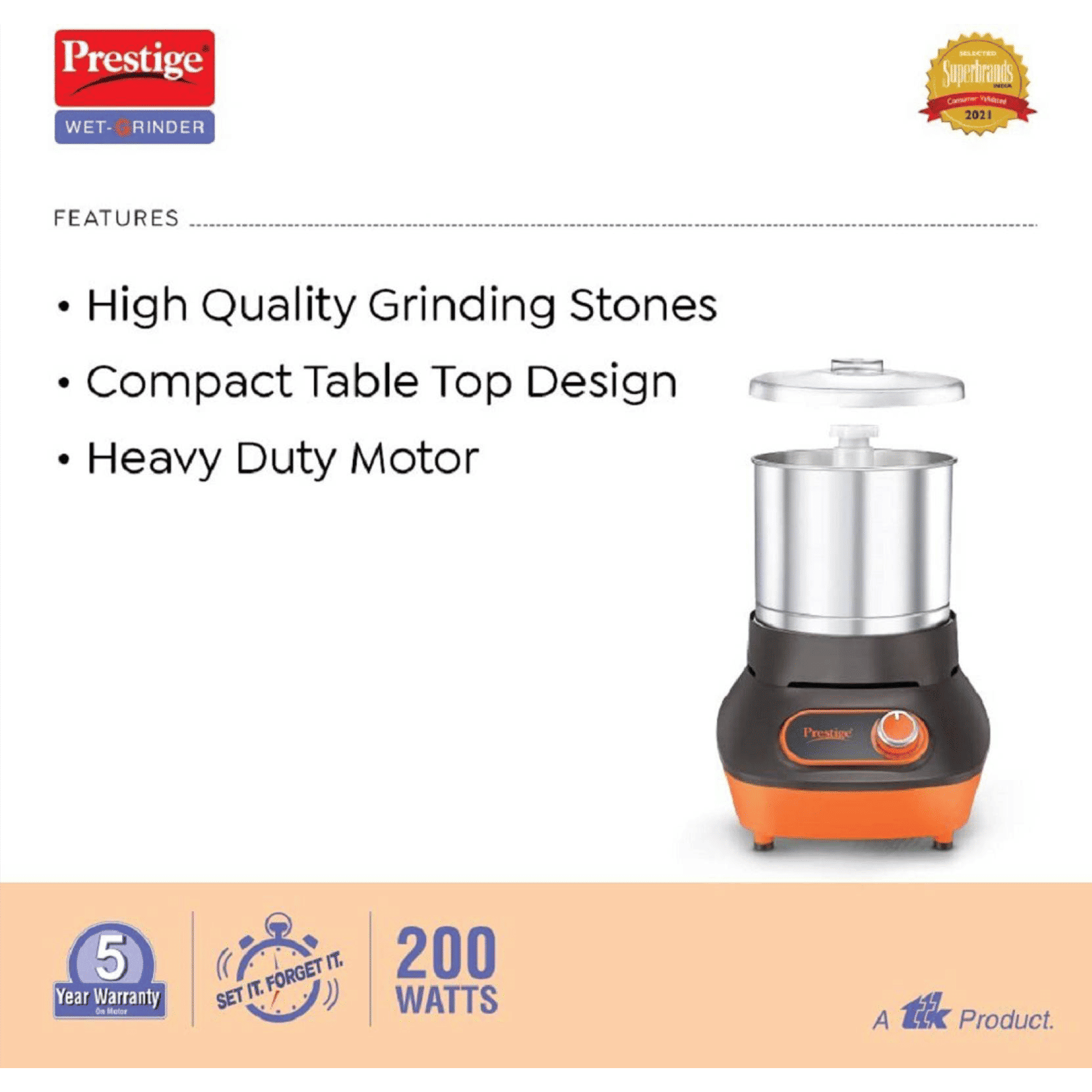 Prestige Vertical PVG 2.0 2 Litres 2 Stones Wet Grinder (Heavy Duty Motor, Black & Orange)_5