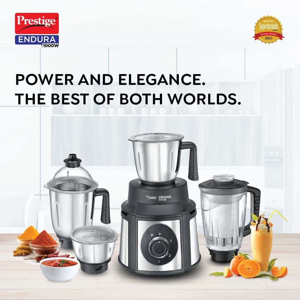 Prestige Endura 1000 Watt 4 Jars Juicer Mixer Grinder (Ball Bearing Technology, Black & Silver)_7