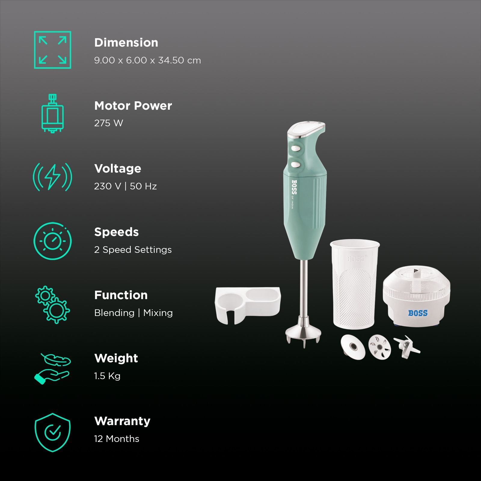 BOSS B146 275 Watt 2 Speed Hand Blender with 4 Attachments (Variable Speed Setting, Light Blue)_2