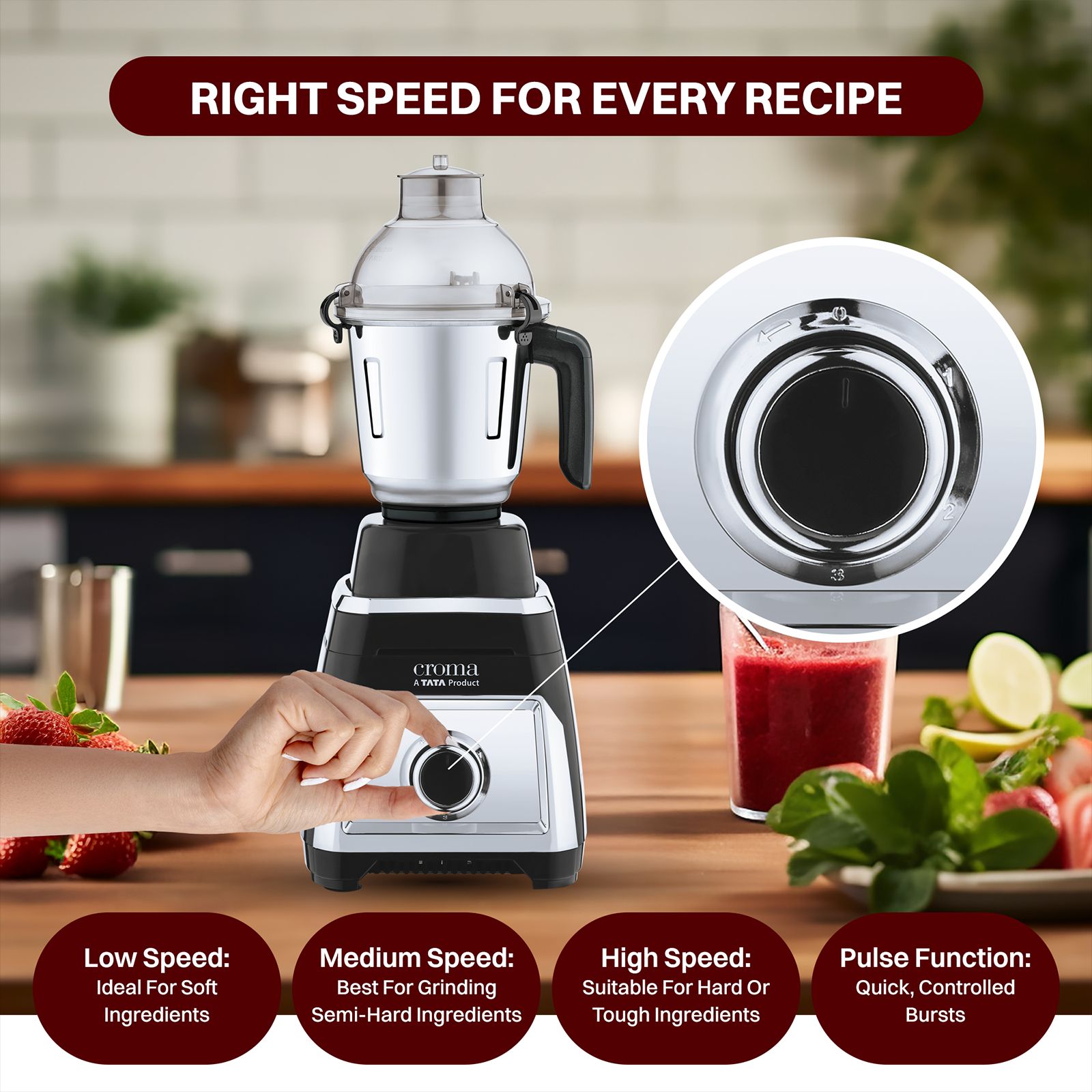 Croma 800 Watt 4 Jars Juicer Mixer Grinder (20000 RPM, Copper Motor, Black & Silver)_10