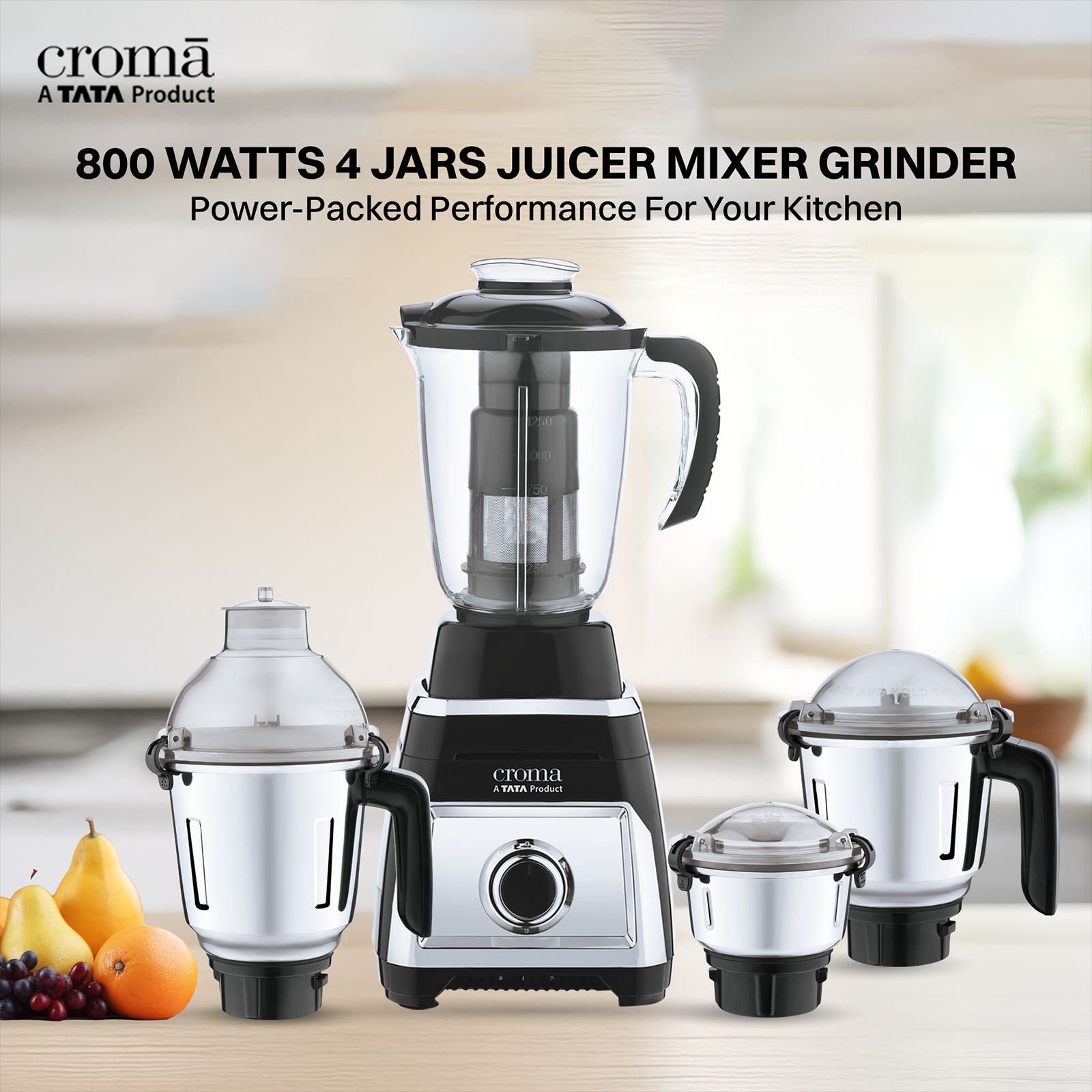 Croma 800 Watt 4 Jars Juicer Mixer Grinder (20000 RPM, Copper Motor, Black & Silver)_7