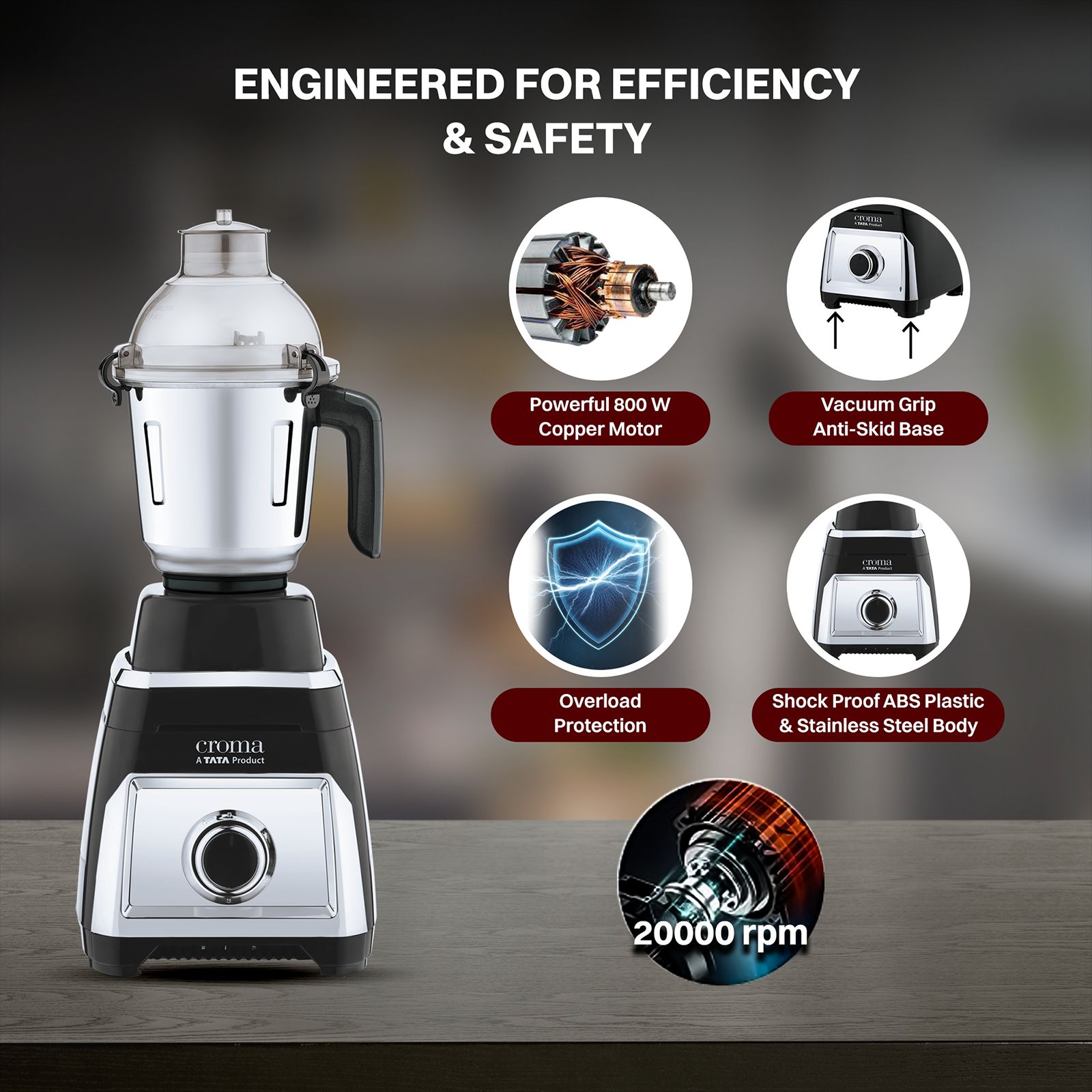 Croma 800 Watt 4 Jars Juicer Mixer Grinder (20000 RPM, Copper Motor, Black & Silver)_8