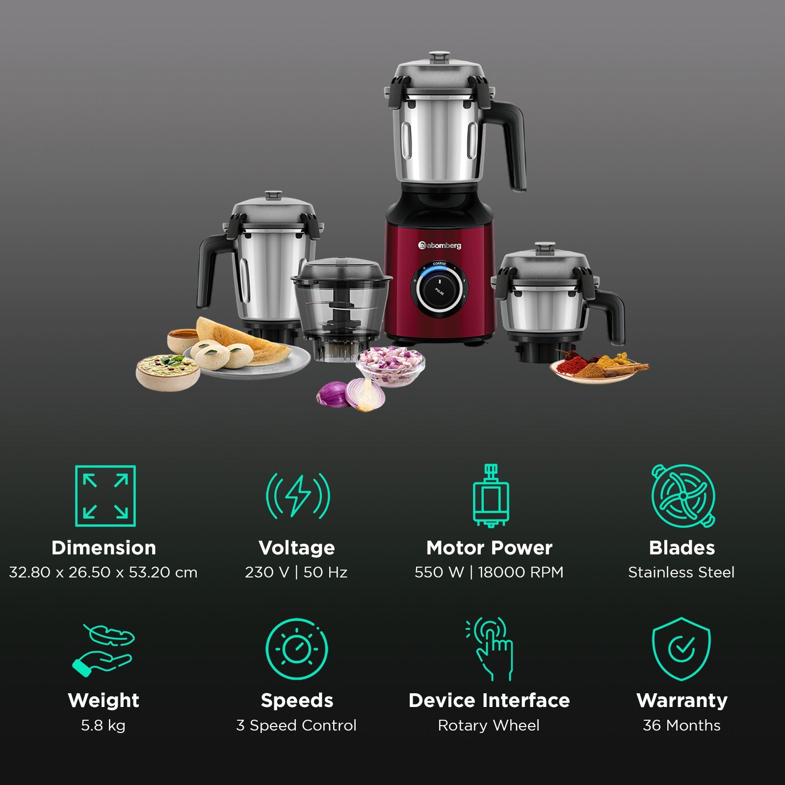 Atomberg Zenova 550 Watt 4 Jars Mixer Grinder (18000 RPM, Hands Free Operation, Red Wine)_3