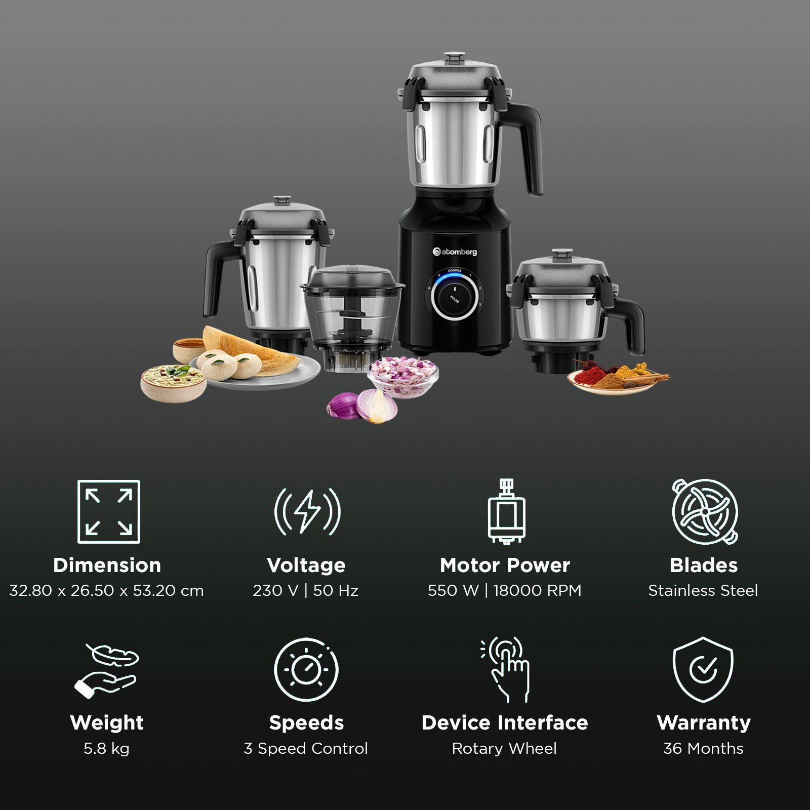 Atomberg Zenova 550 Watt 4 Jars Mixer Grinder (18000 RPM, Hands Free Operation, Black)_3