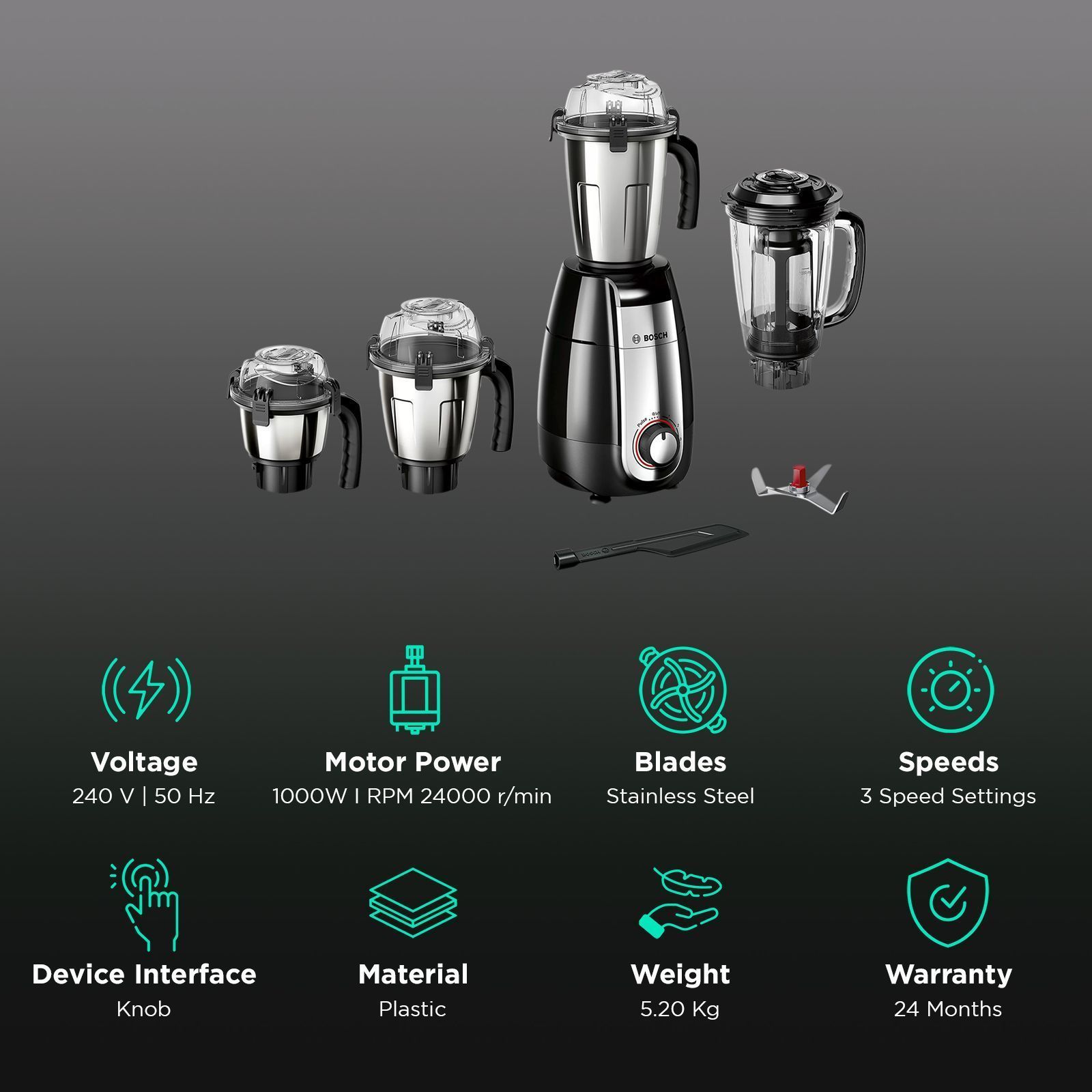 BOSCH TrueMixx Pro 1000 Watt 4 Jars Mixer Grinder (24000 RPM, Stone Pounding Technology, Black)_2