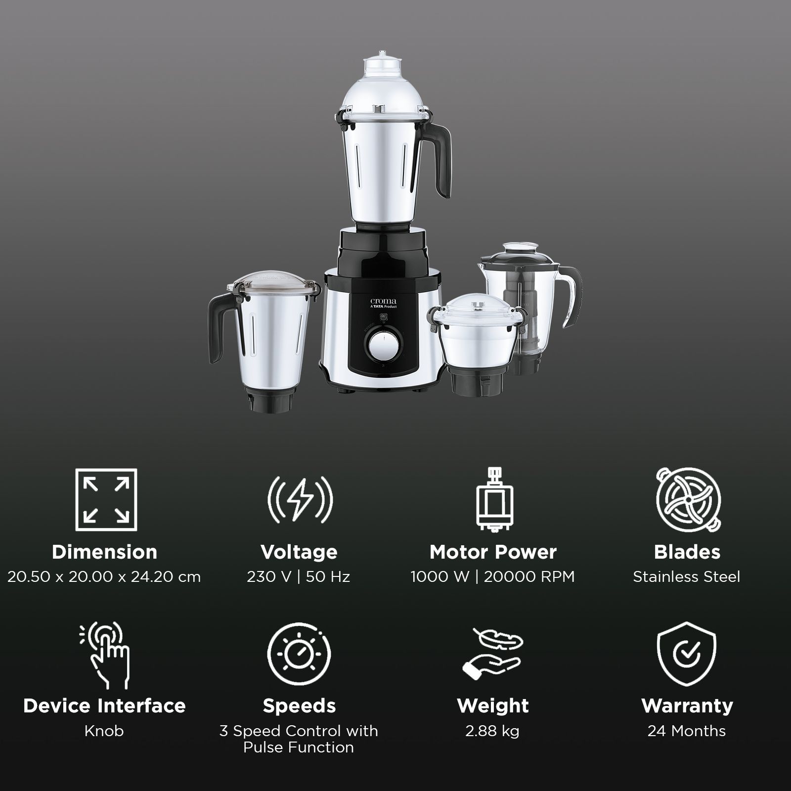 Croma 1000 Watt 4 Jars Mixer Grinder (20000 RPM,Copper Motor, Black & Silver)_2