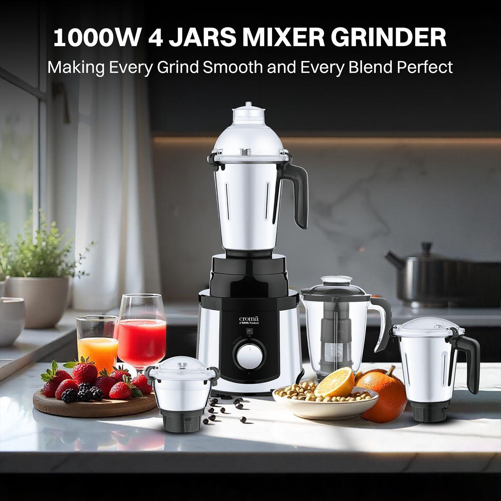 Croma 1000 Watt 4 Jars Mixer Grinder (20000 RPM,Copper Motor, Black & Silver)_7