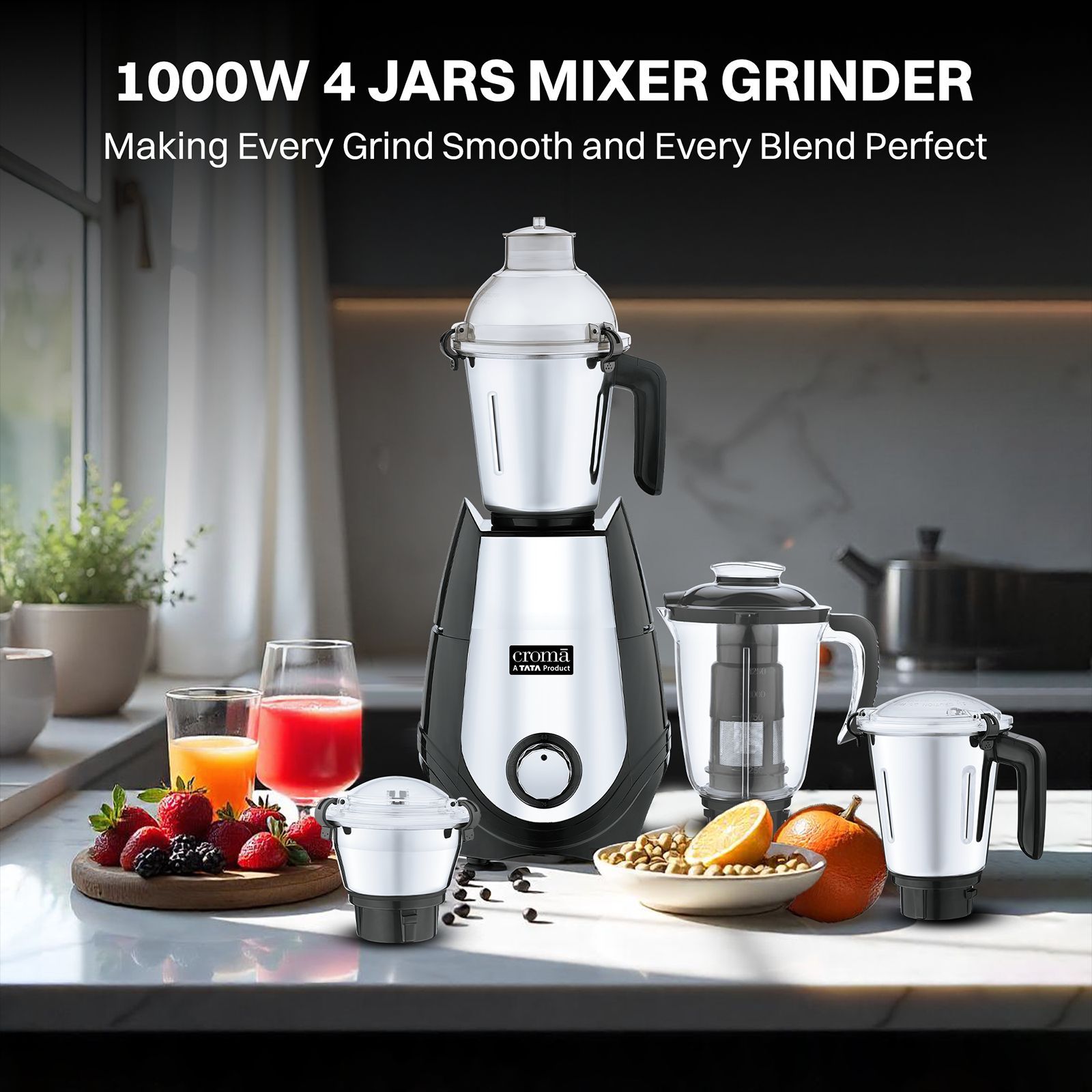 Croma 1000 Watt 4 Jars Juicer Mixer Grinder (20000 RPM, Copper Motor, Black & Silver)_7