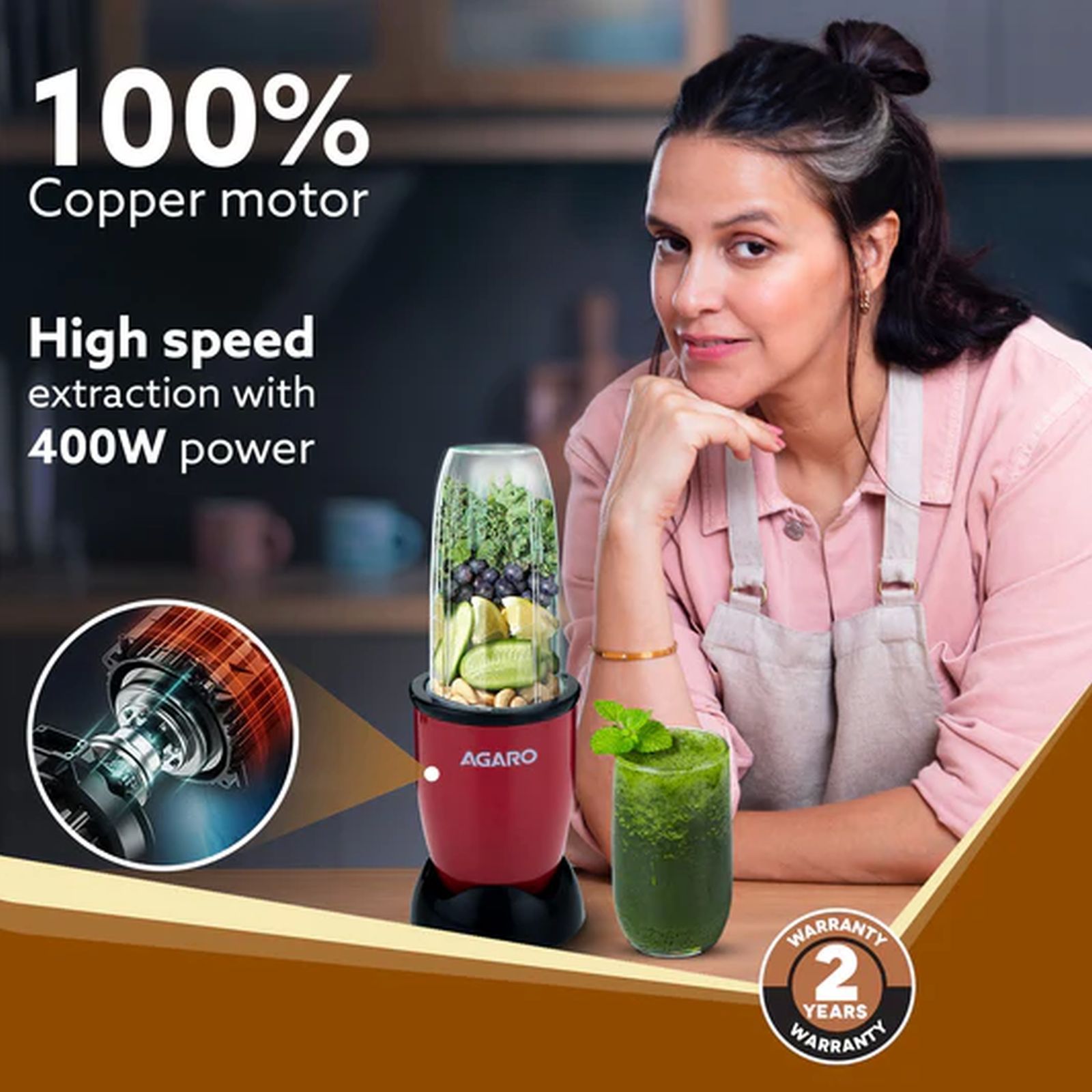 AGARO Regal 400 Watt 3 Jars Mixer Grinder, Juicer Blender (Safety Interlock Mechanism, Red)_9