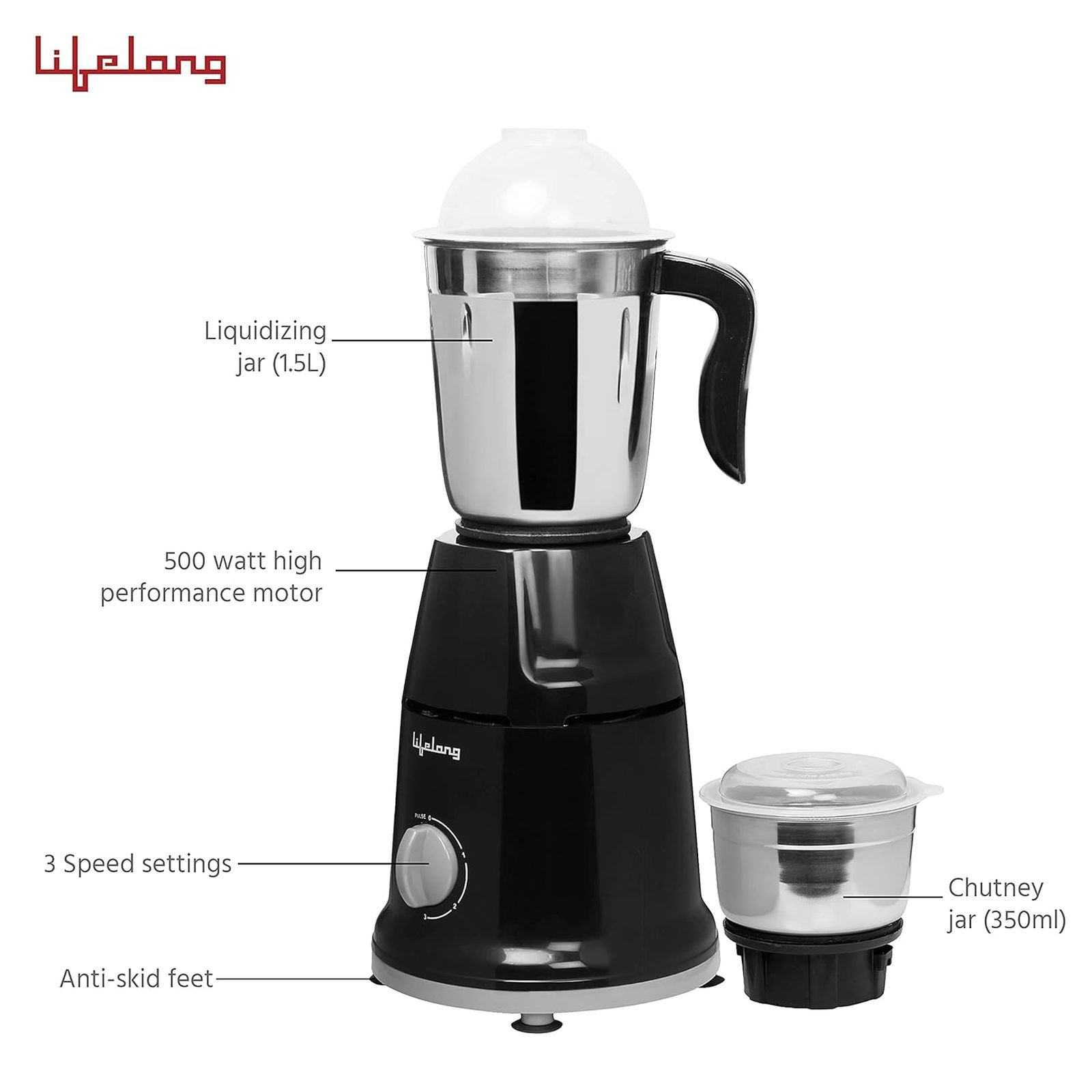 Lifelong LLMG93 500 Watt 2 Jars Mixer Grinder (Powerful Motor, Black)_8