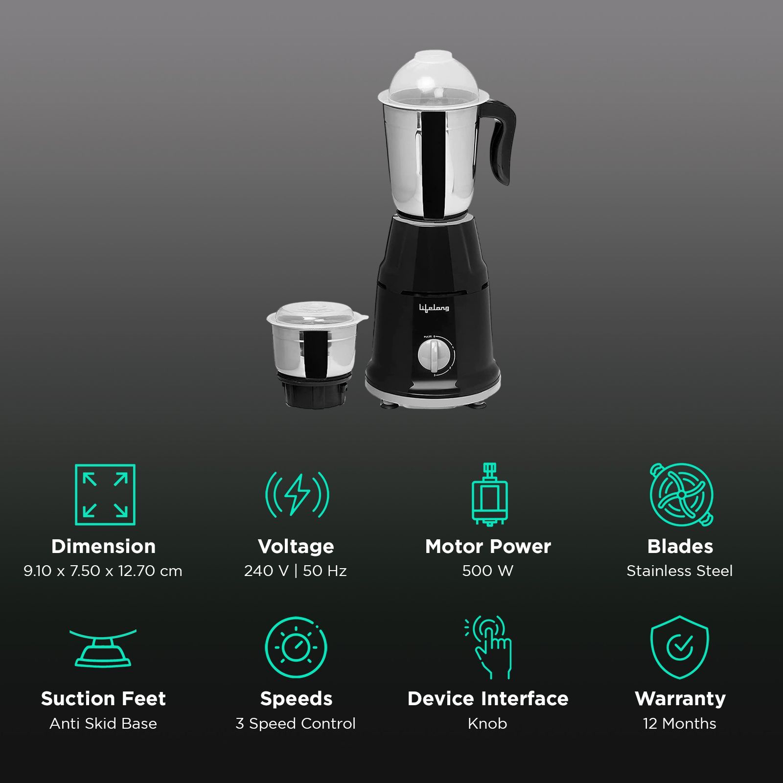 Lifelong LLMG93 500 Watt 2 Jars Mixer Grinder (Powerful Motor, Black)_3