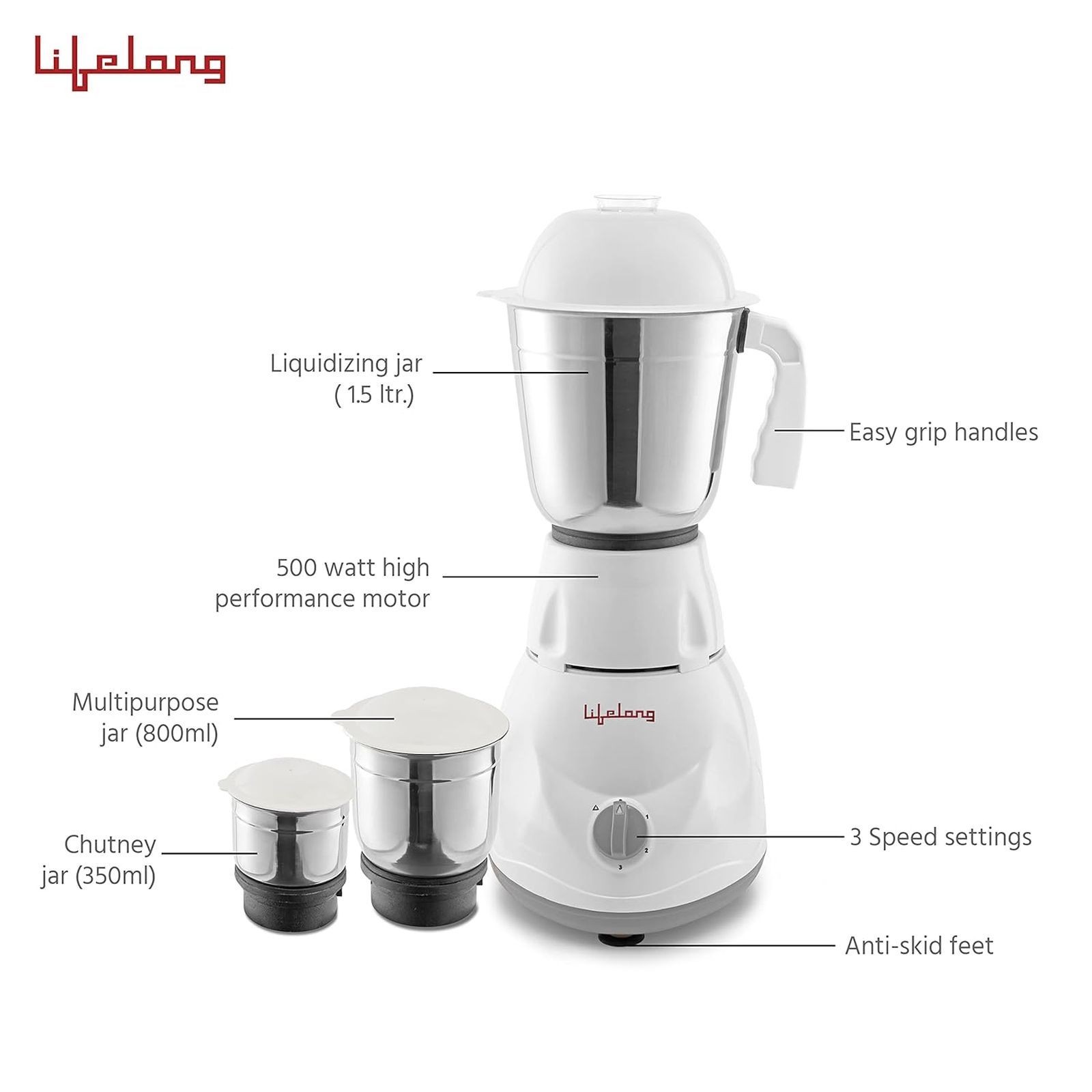 Lifelong 500 Watt 3 Jars Mixer Grinder (Overload Protector, White)_3