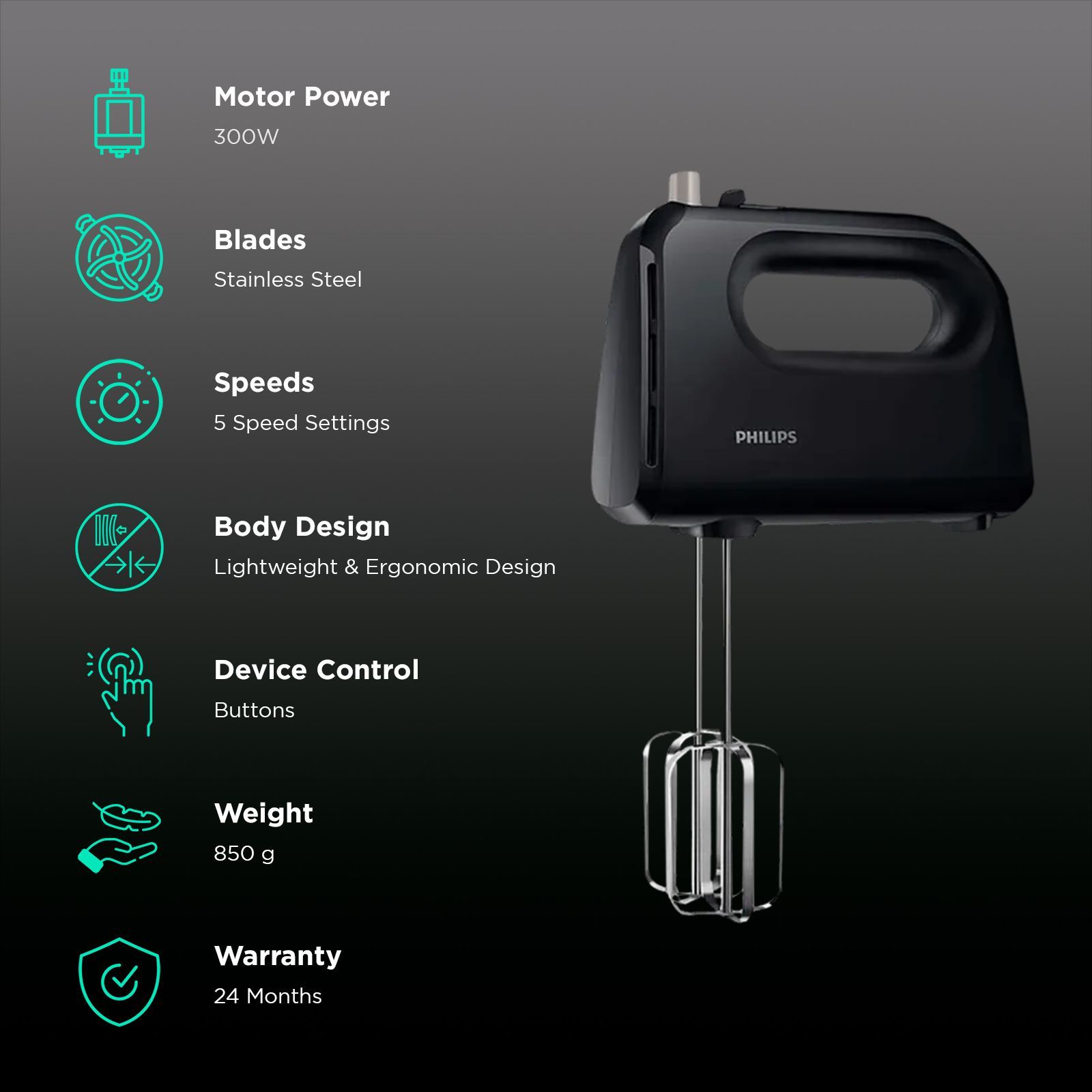 Philips 300 Watt 5 Speed Hand Blender with 2 Attachments (Non-slip Grip, Black) Philips 300 Watt 5 Speed Hand Blender with 2 Attachments (Non-slip Grip, Black)_2