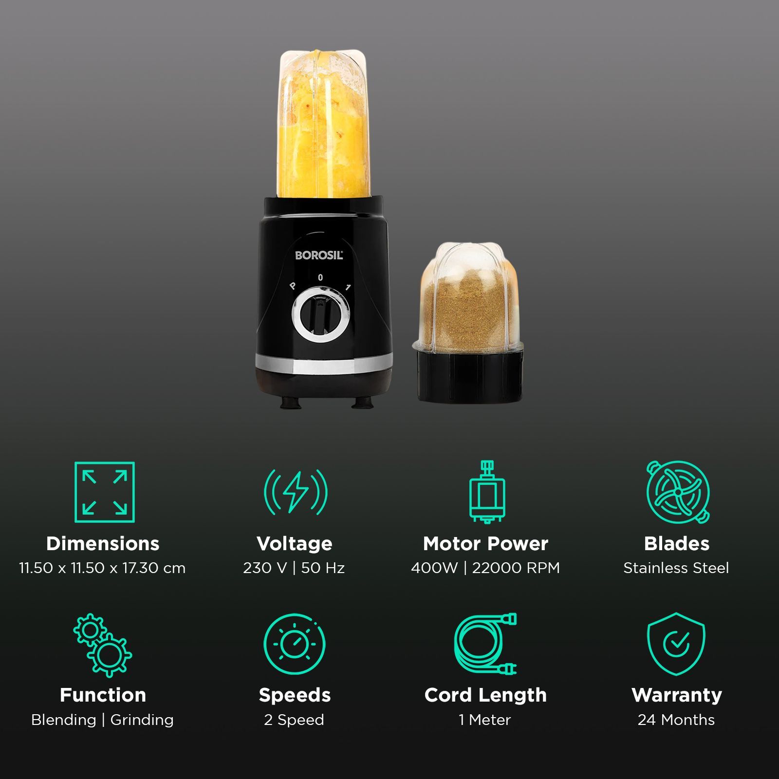 BOROSIL Nutrifresh 400 Watt 2 Jars Blender, Grinder & Smoothie Maker (22,000 RPM, In built Thermostat, Black)_3