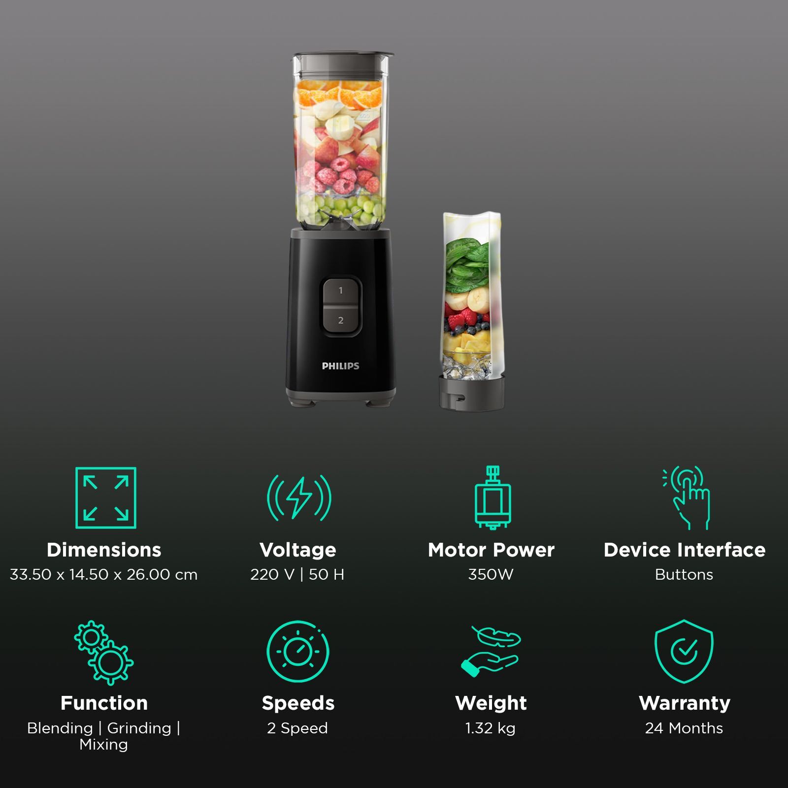 PHILIPS HR2602/90 350 Watt 2 Jars Mixer, Grinder and Blender (Adjustable Speed Control, Black)_3