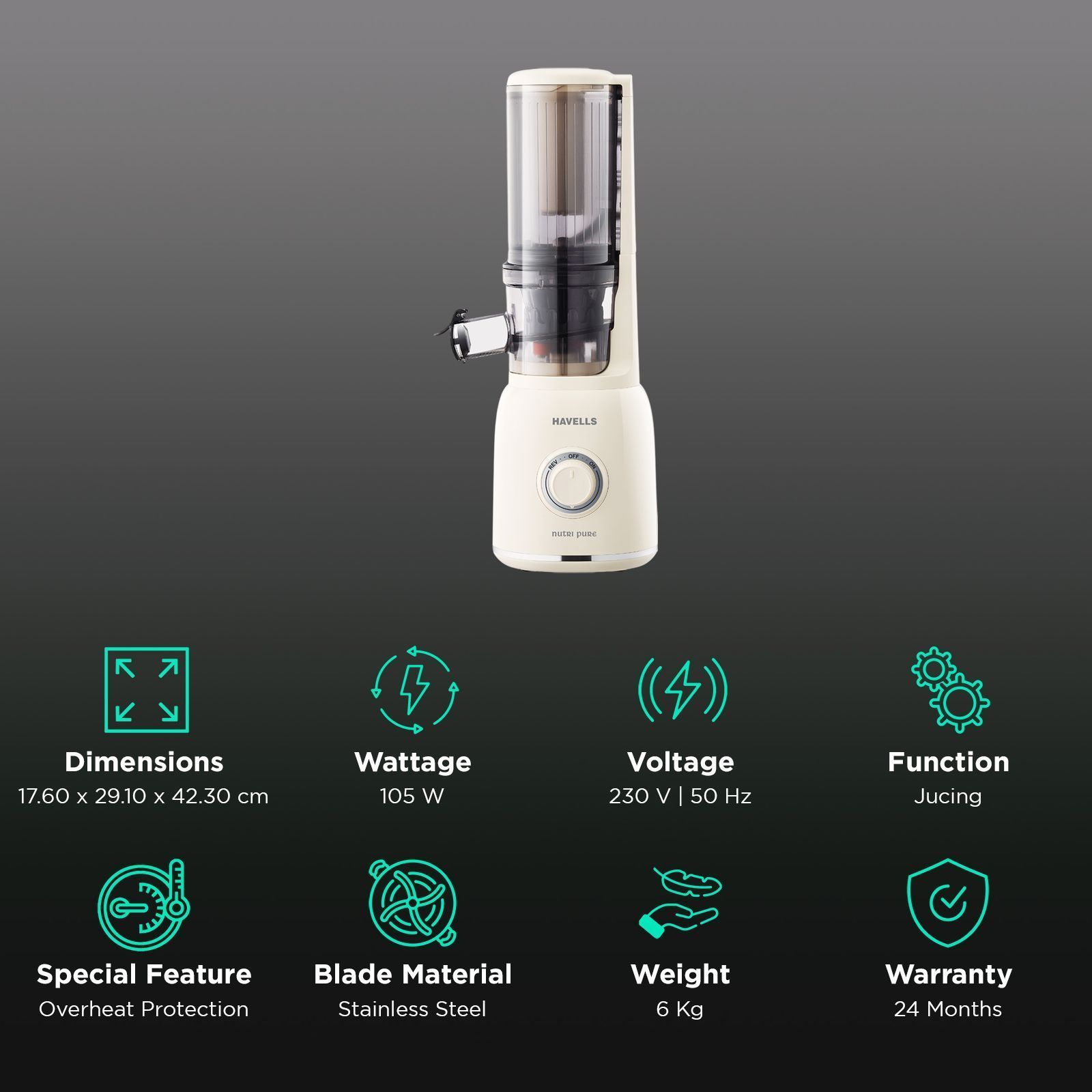 HAVELLS Nutri Pure 105 Watt Slow Juicer (Mesh Free Filter, White)_3