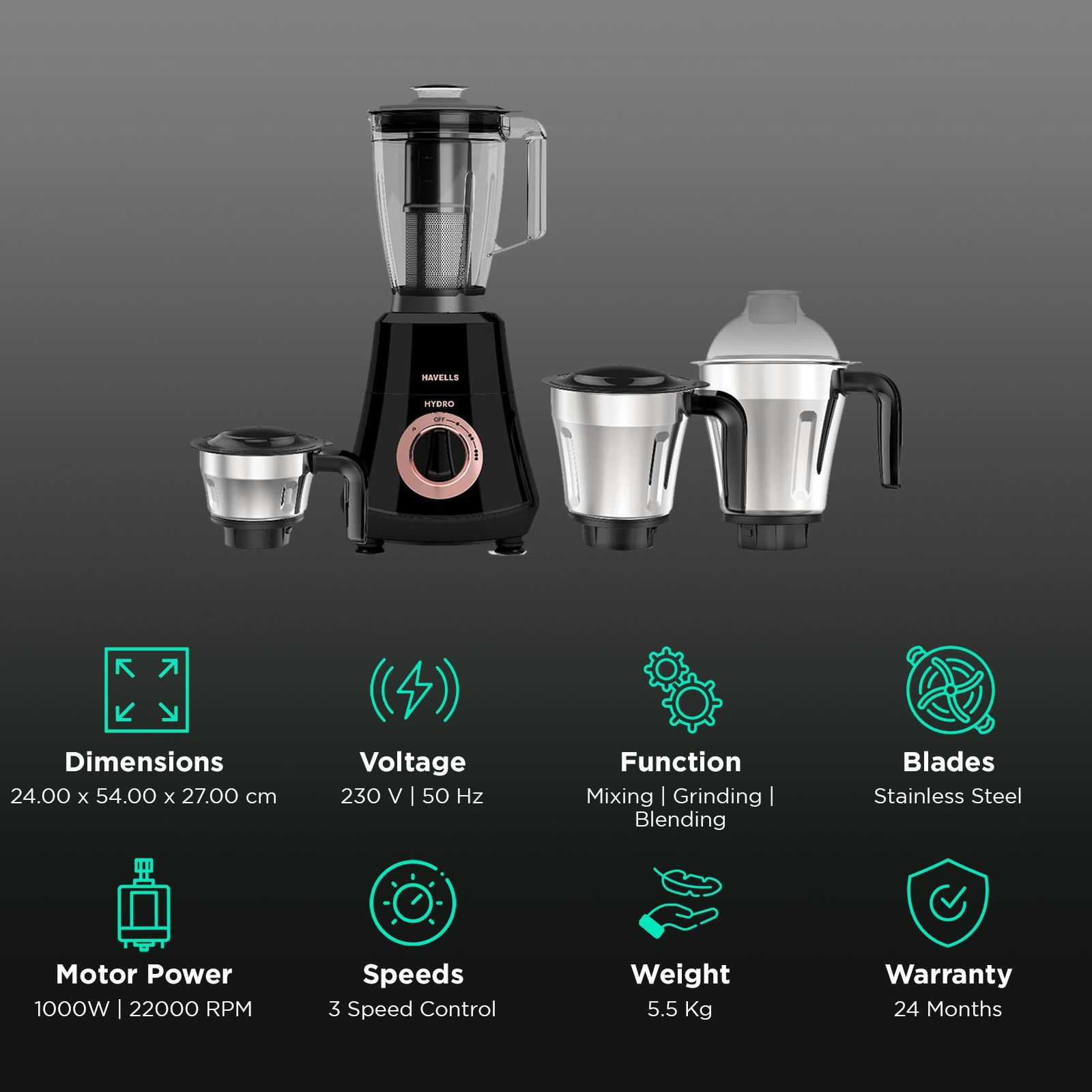 HAVELLS Hydro Plus 1000 Watt 4 Jars Mixer Grinder (22000 RPM, Ball Bearing Motor, Black)_2