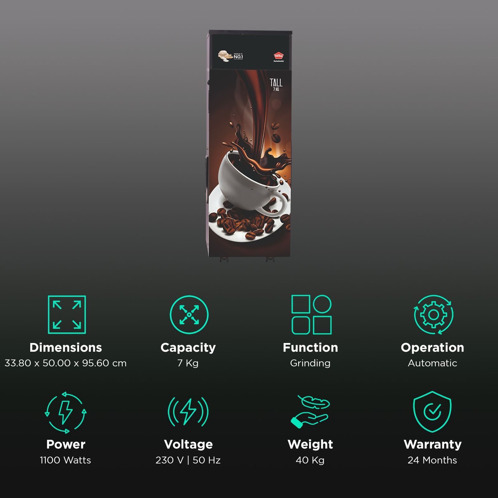 NATRAJ Tall 1100 Watts 7 kg Flour Mill Machine (AC110, Coffee)_2