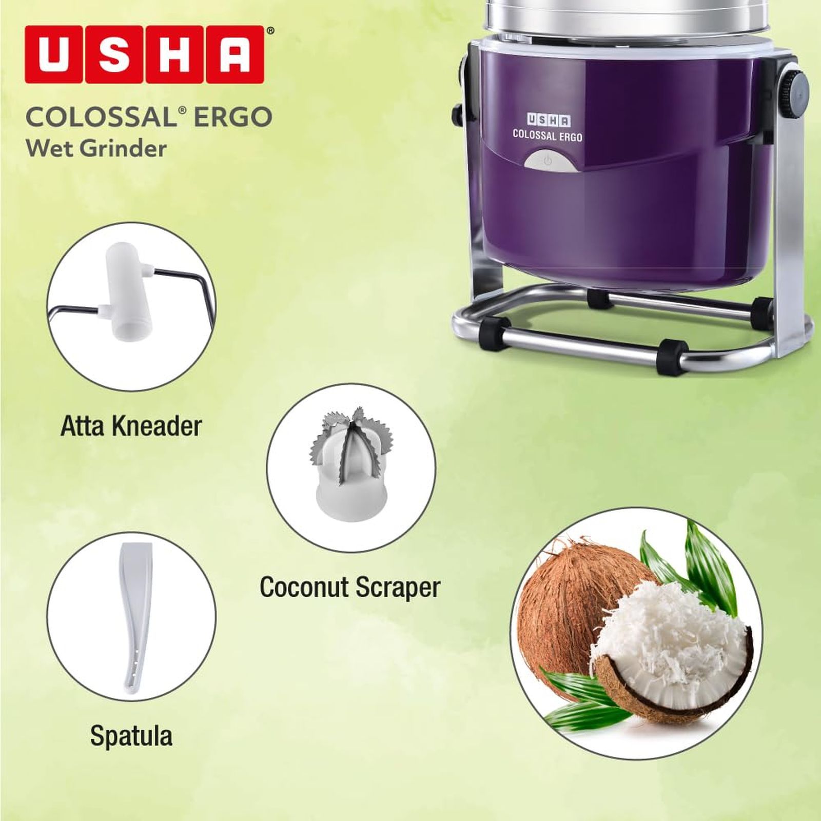 USHA Colossal Ergo 2 Litres 2 Stones Wet Grinder with Coconut Scrapper & Atta Kneader (Stainless Steel Drum, Magenta) USHA Colossal Ergo 2 Litres 2 Stones Wet Grinder with Coconut Scrapper & Atta Kneader (Stainless Steel Drum, Magenta)_5