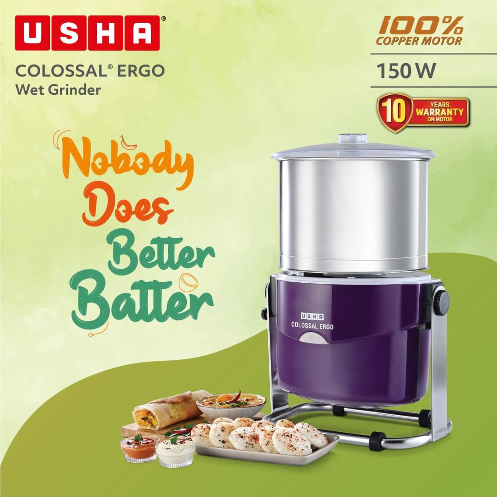 USHA Colossal Ergo 2 Litres 2 Stones Wet Grinder with Coconut Scrapper & Atta Kneader (Stainless Steel Drum, Magenta) USHA Colossal Ergo 2 Litres 2 Stones Wet Grinder with Coconut Scrapper & Atta Kneader (Stainless Steel Drum, Magenta)_8