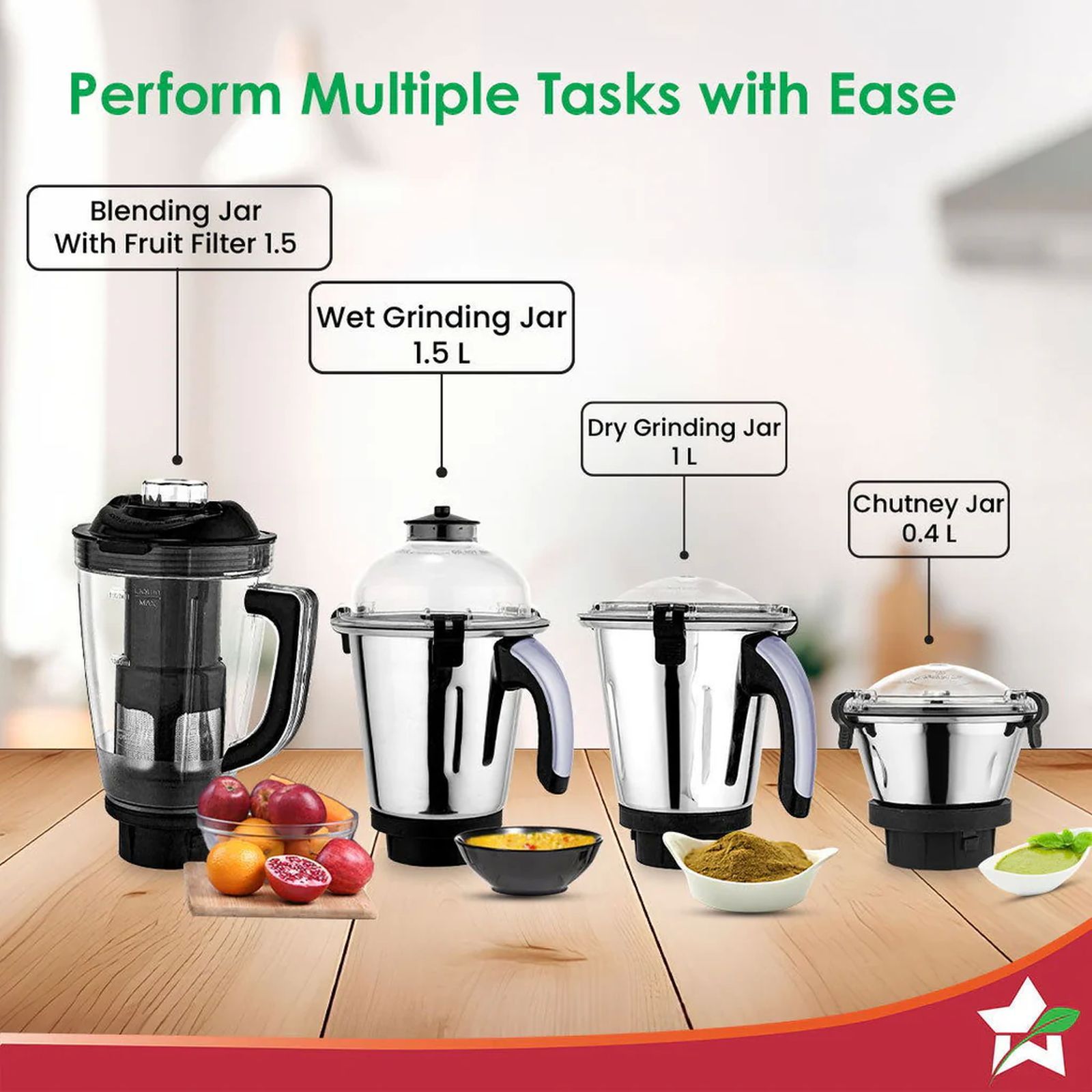 WONDERCHEF Galaxy 1000 Watt 4 Jars Mixer Grinder (18000 RPM, Low Noise, Grey)_5